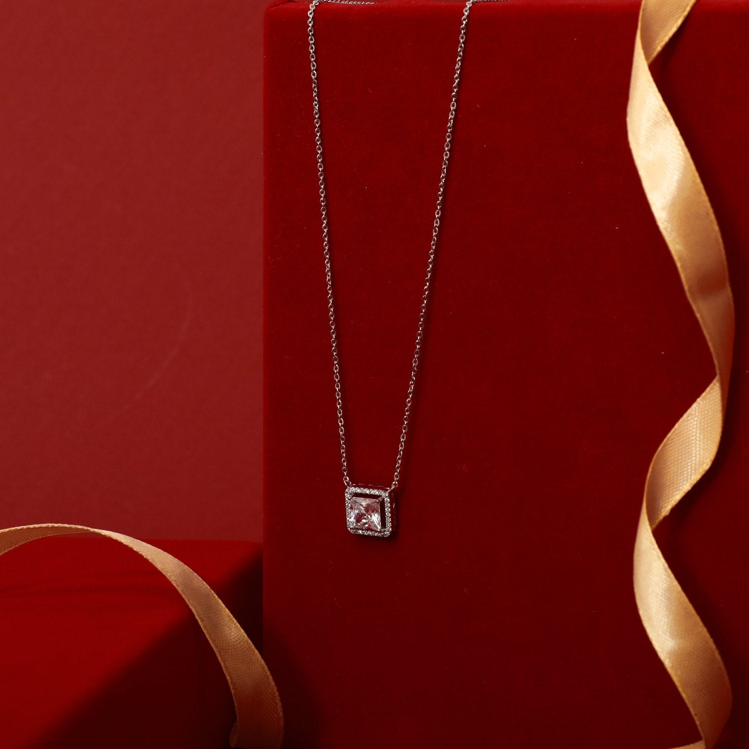 Necklace Squared Brilliance CZ Silver Pendant Necklace