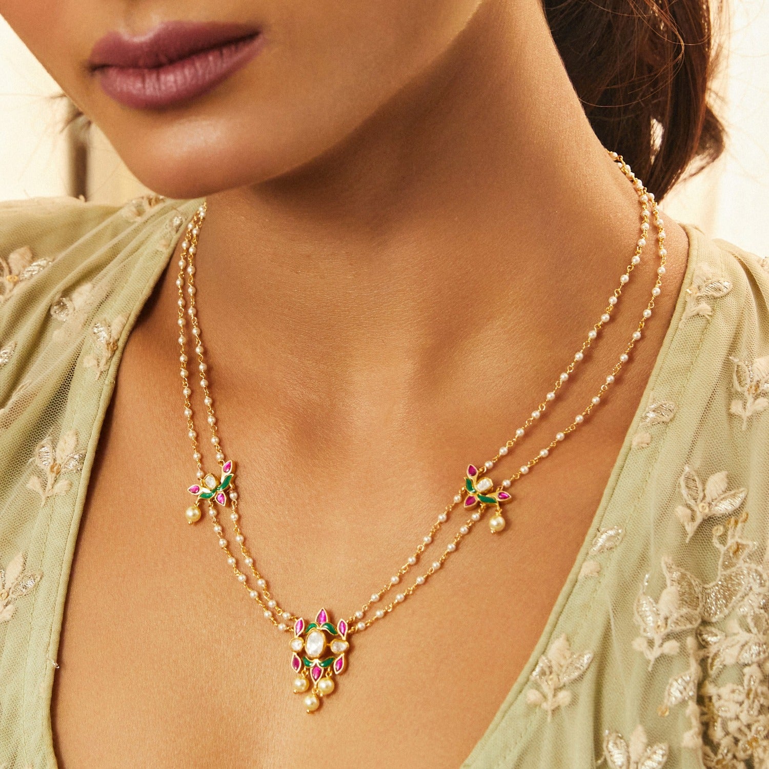 Malini Gold Plated Jadau and Pearl chain Short Necklace