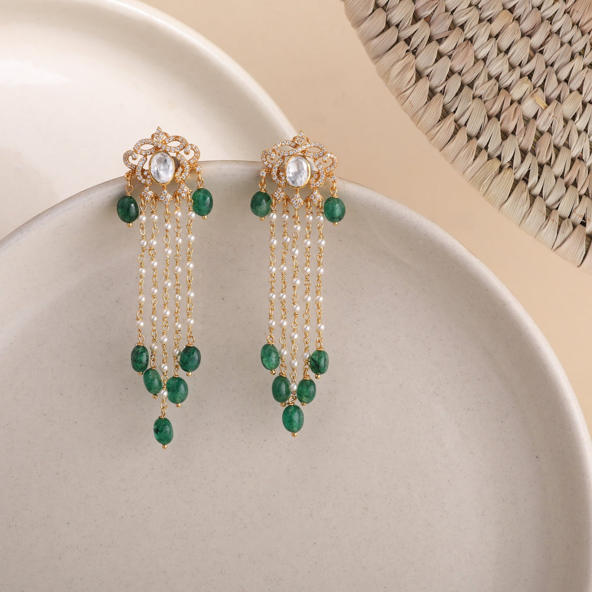 Anya Gold Plated Moissaanite and Pearl Chain Silver Earrings