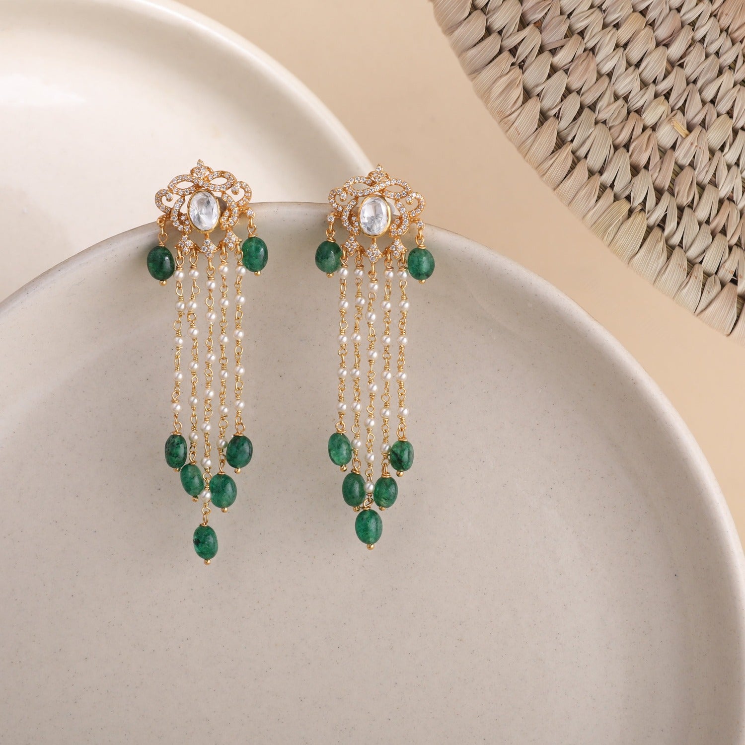 Anya Gold Plated Moissaanite and Pearl Chain Silver Earrings