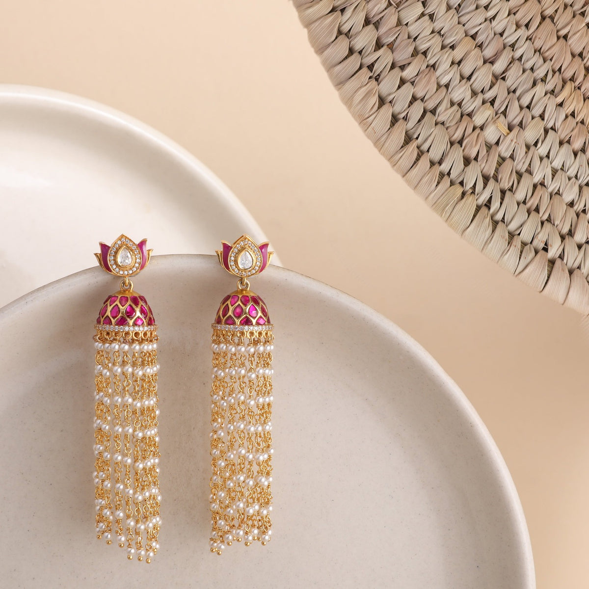 Mrinali Jadau and Pearl chain Gold Plated Silver Jhumka