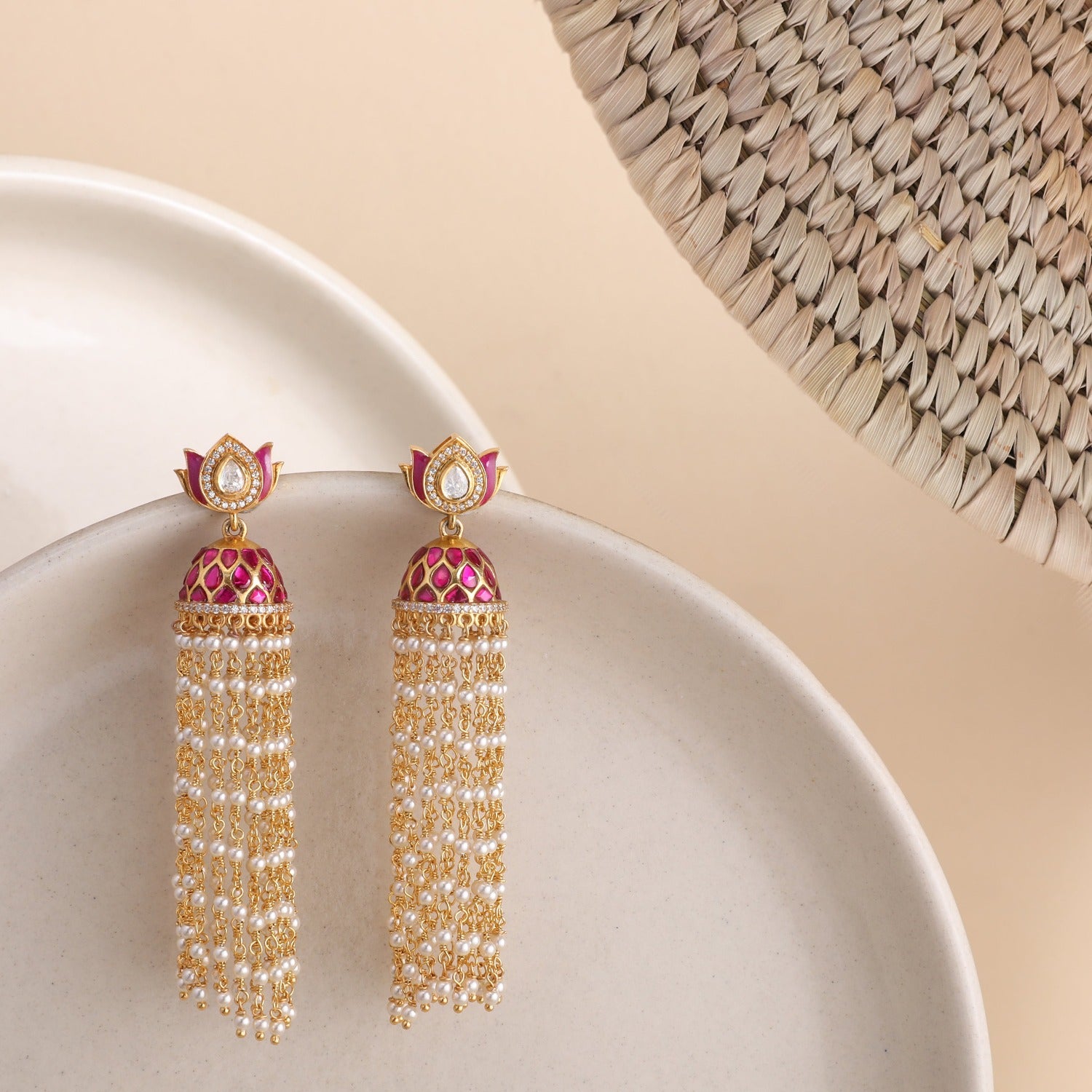 Mrinali Jadau and Pearl chain Gold Plated Silver Jhumka