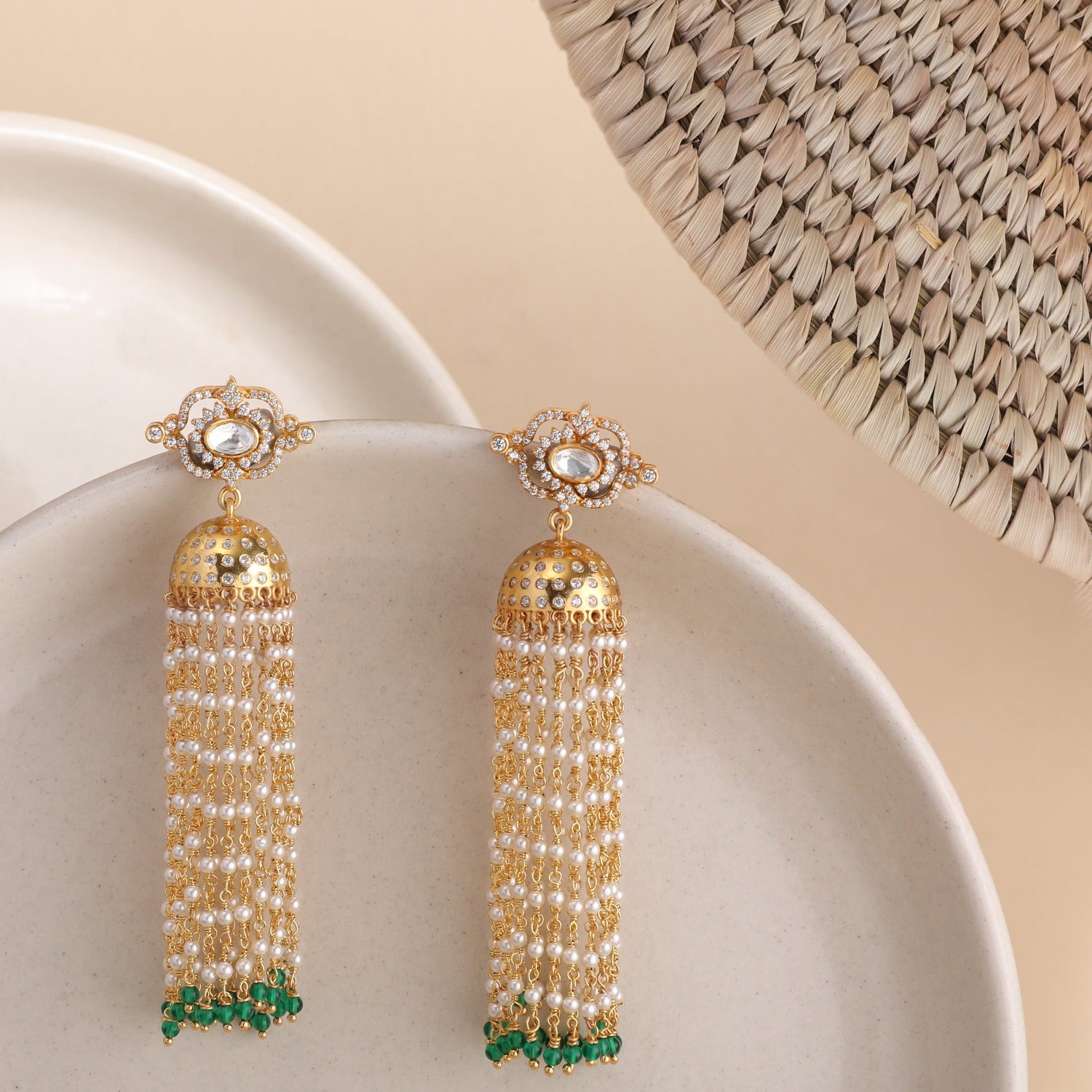 Noor Gold plated Pearl chain Moissanite and CZ Silver Jhumka