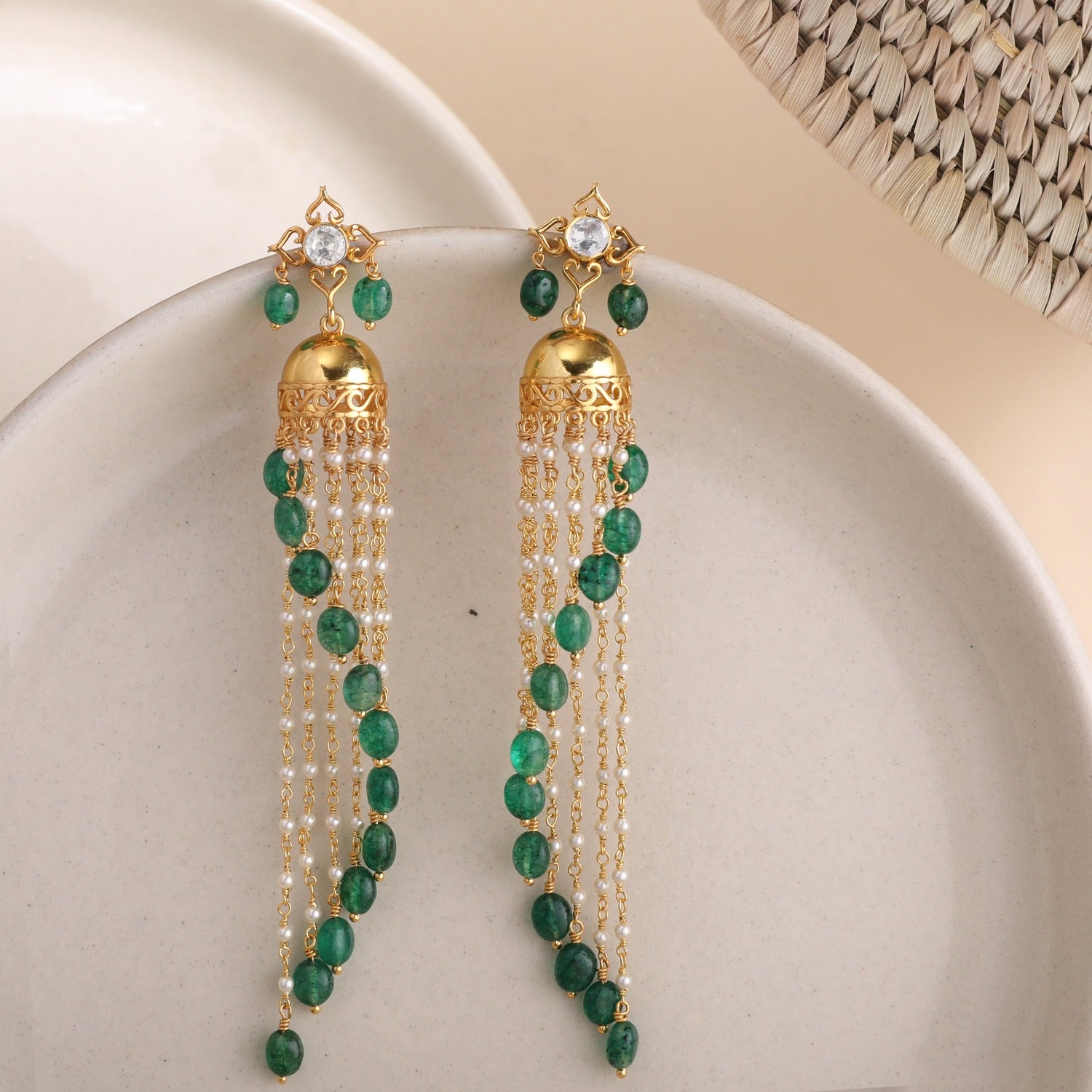 Manika Gold Plated Pearl chain and Moissanite Silver Jhumka