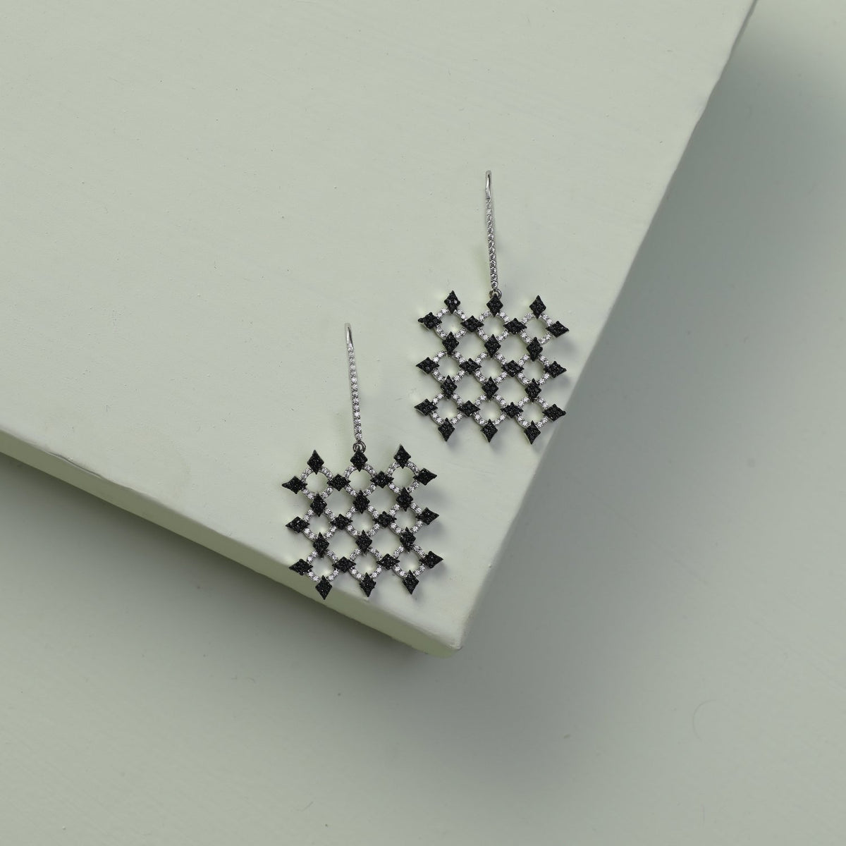 Monochrome Play Square CZ Silver Drop Earrings