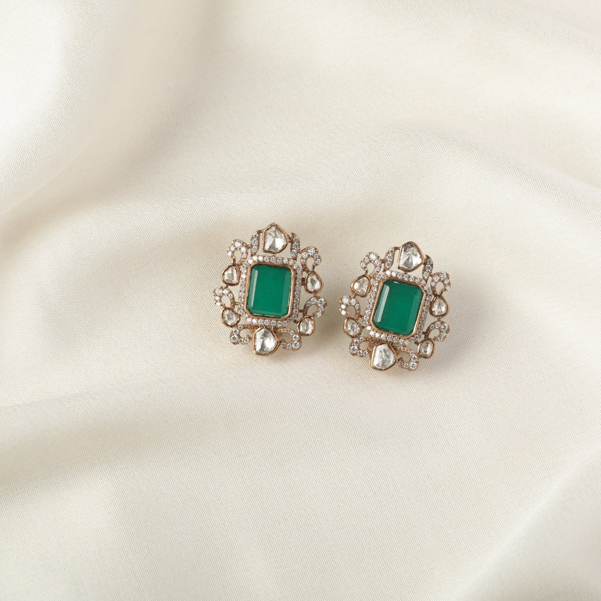 Earrings Square Emerald Silver Stud Earrings