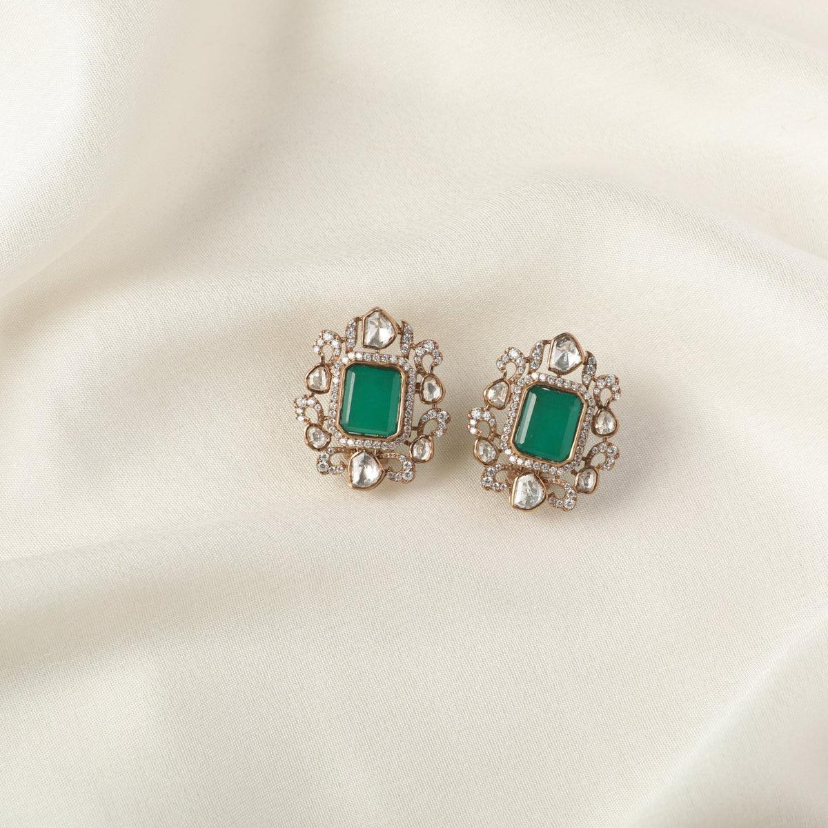Square Emerald Silver Stud Earrings