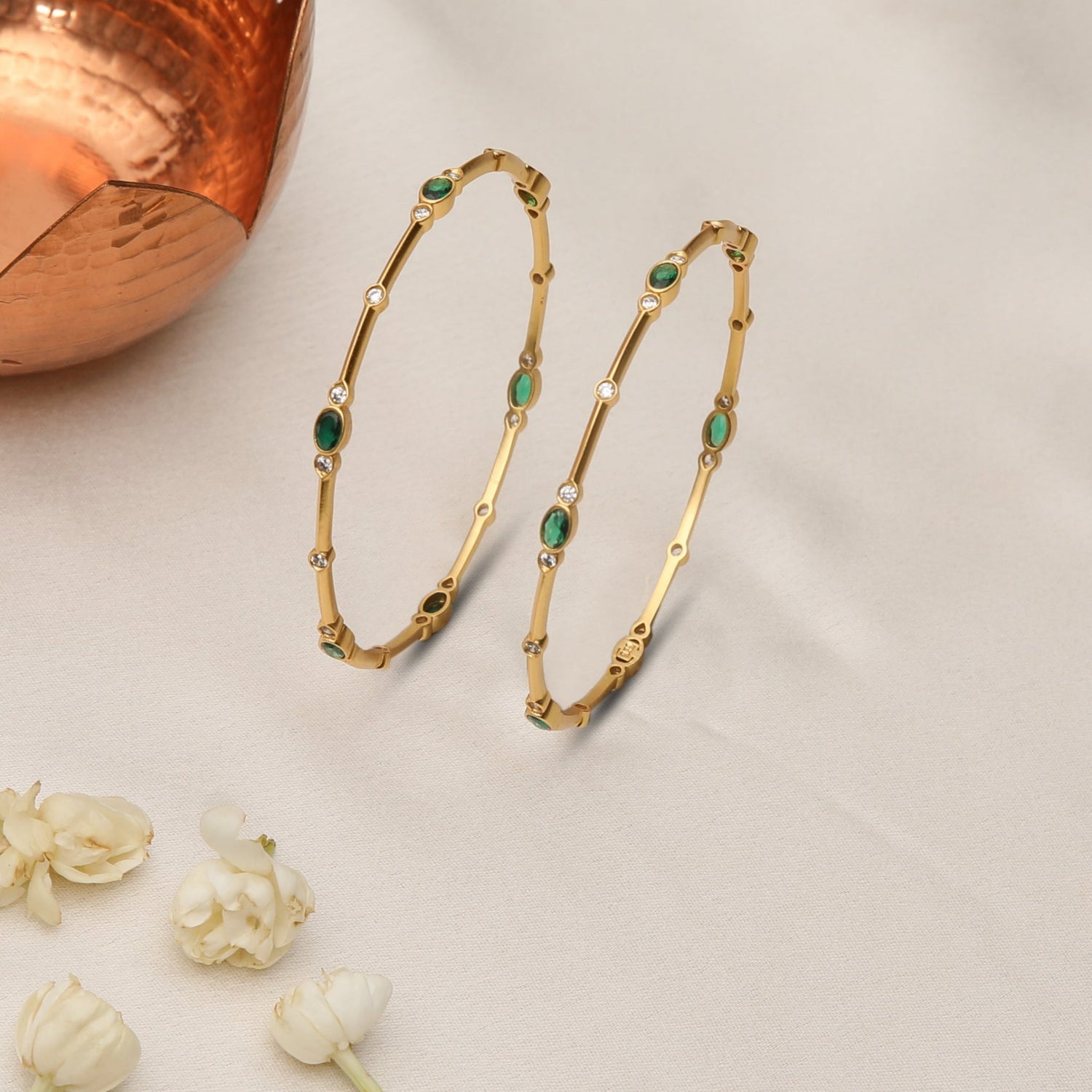 Bangles Nyra Modern Green CZ Silver Bangles