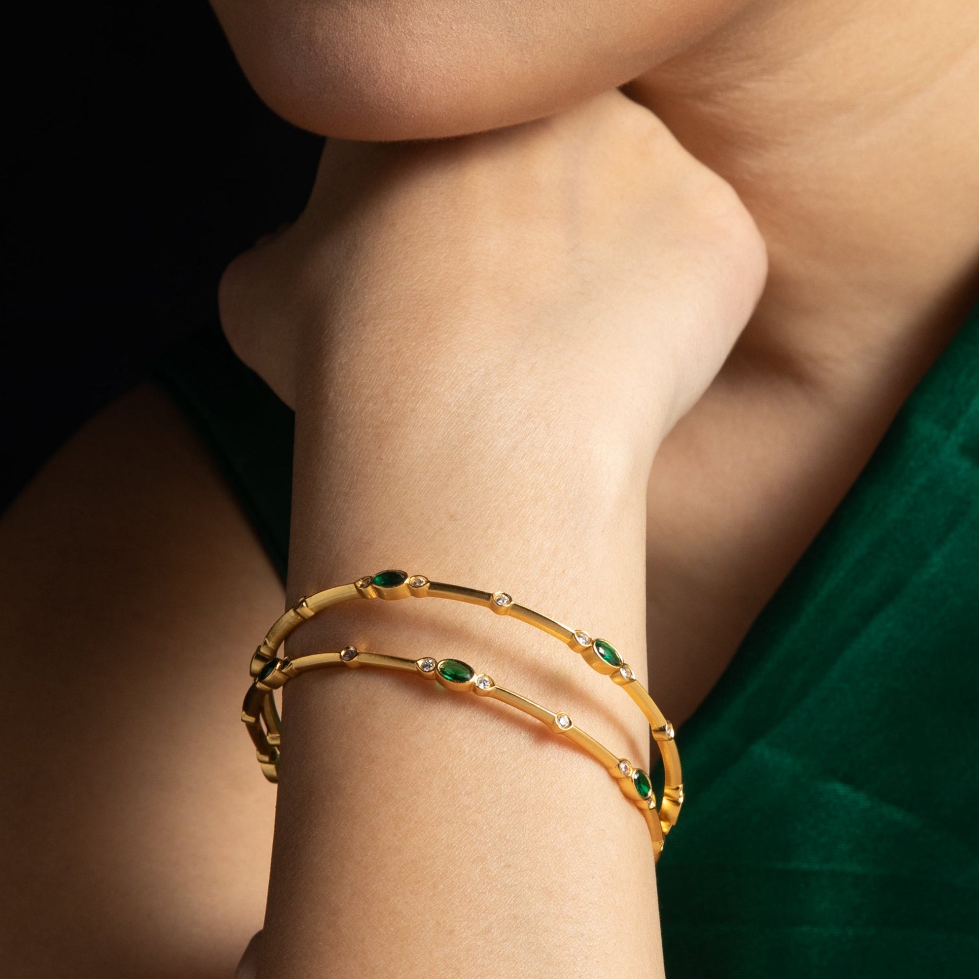 Nyra Modern Green CZ Silver Bangles