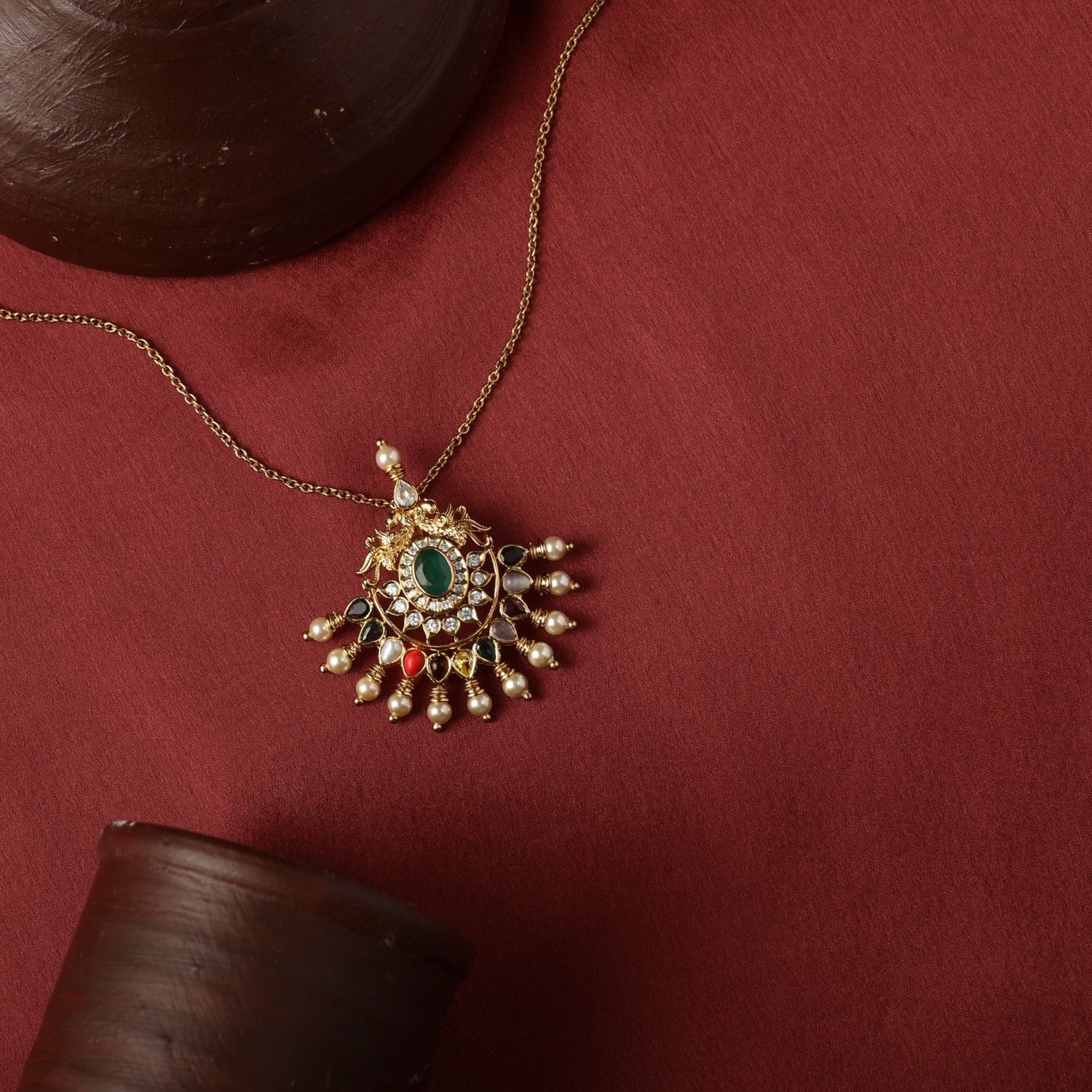 Pendants Peacock Navaratna Silver Pendant Necklace