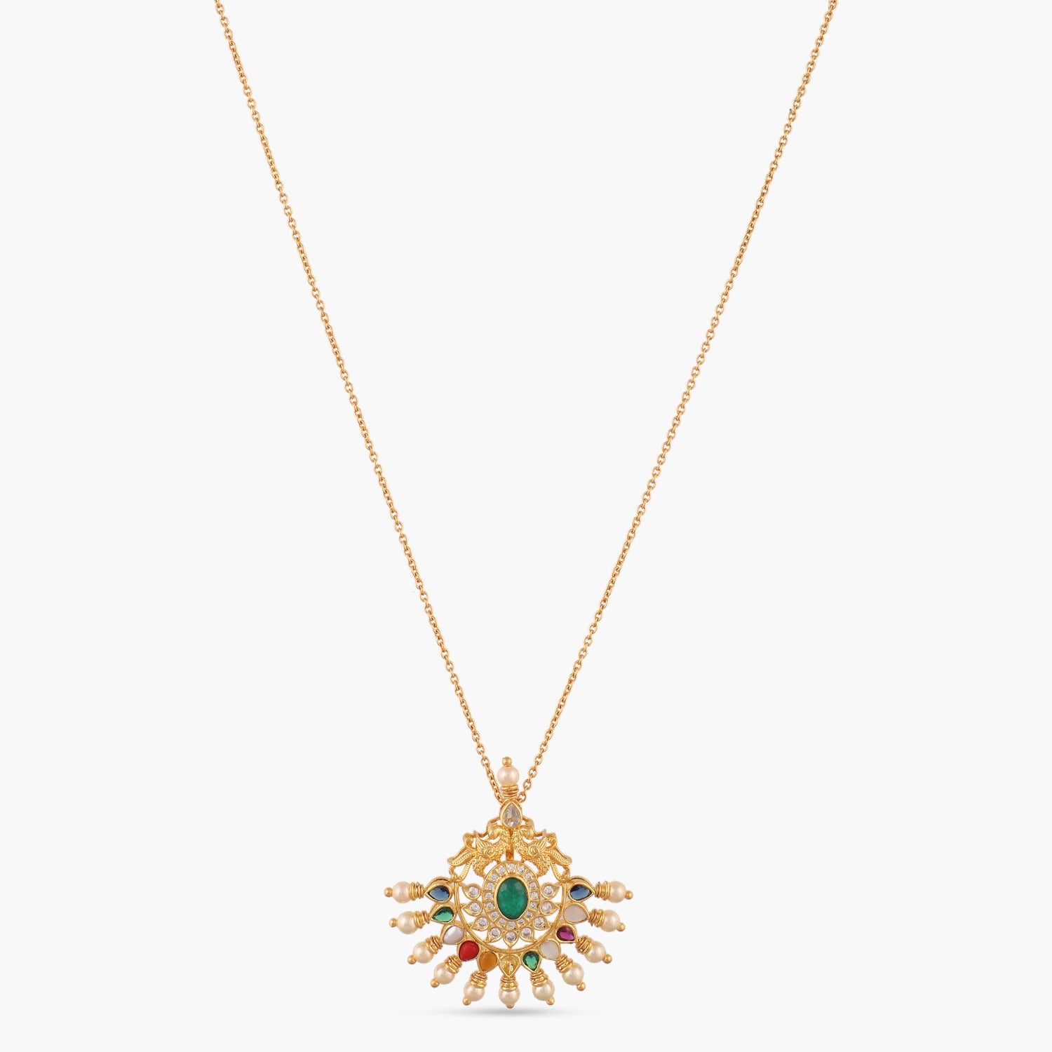 Peacock Navaratna Silver Pendant Necklace