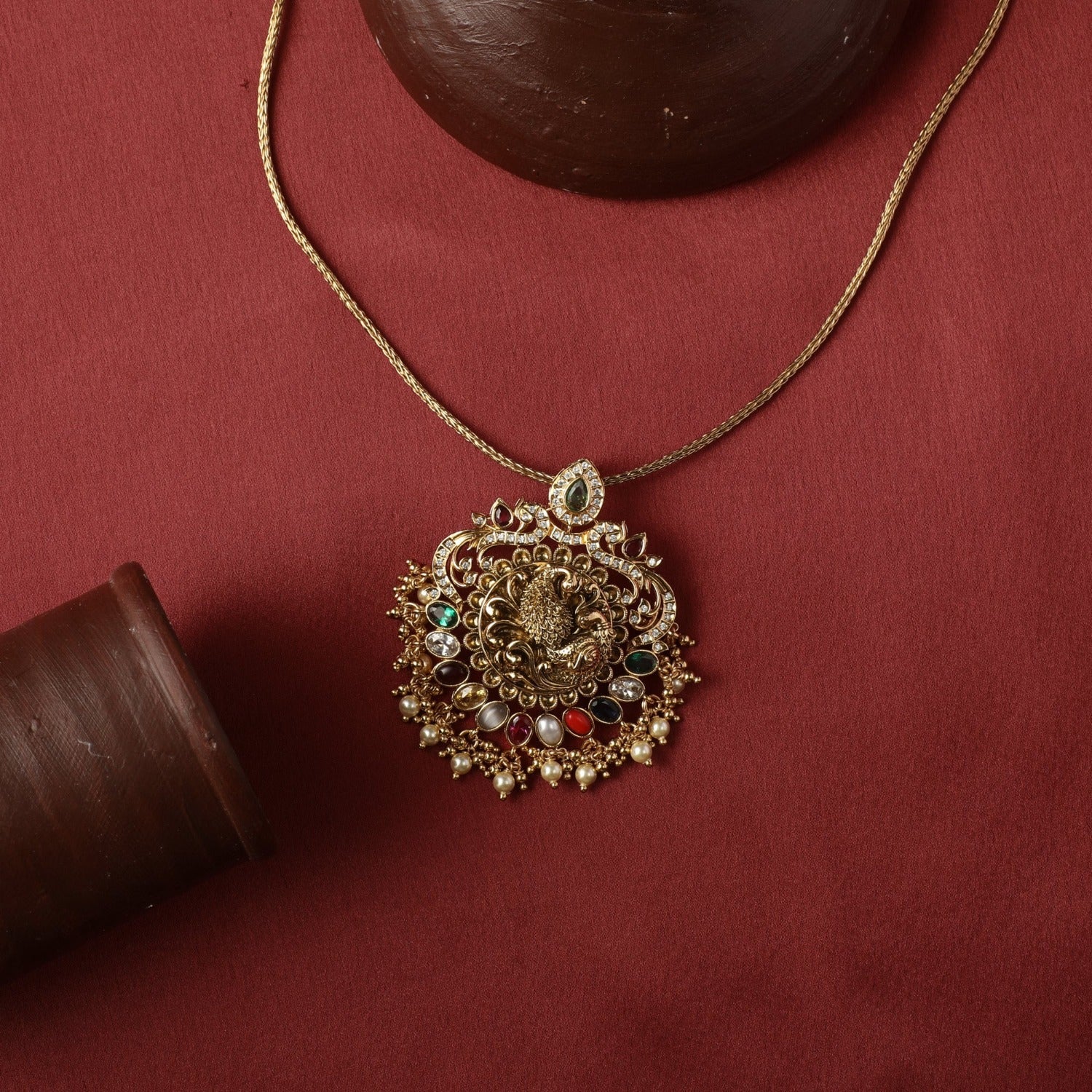 Pendants Mayuri CZ Silver Navaratna Pendant Necklace