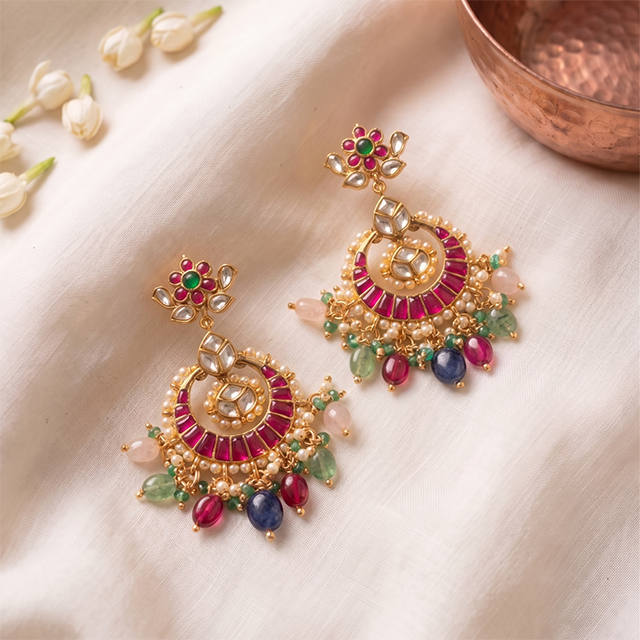 Elegant Jadau Blossom Silver Chandbali Earrings