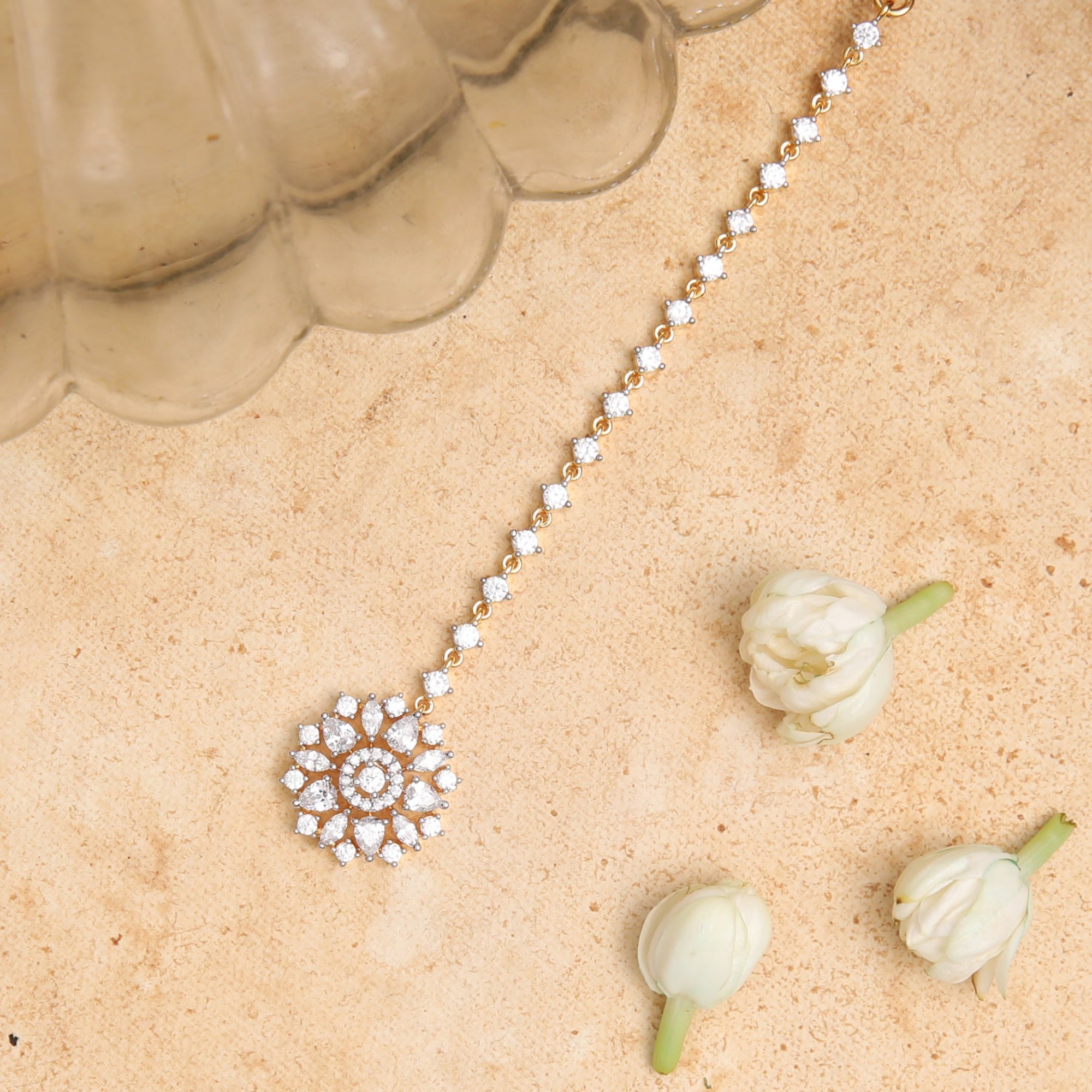 Elina Flora Motif CZ Silver Maang Tikka