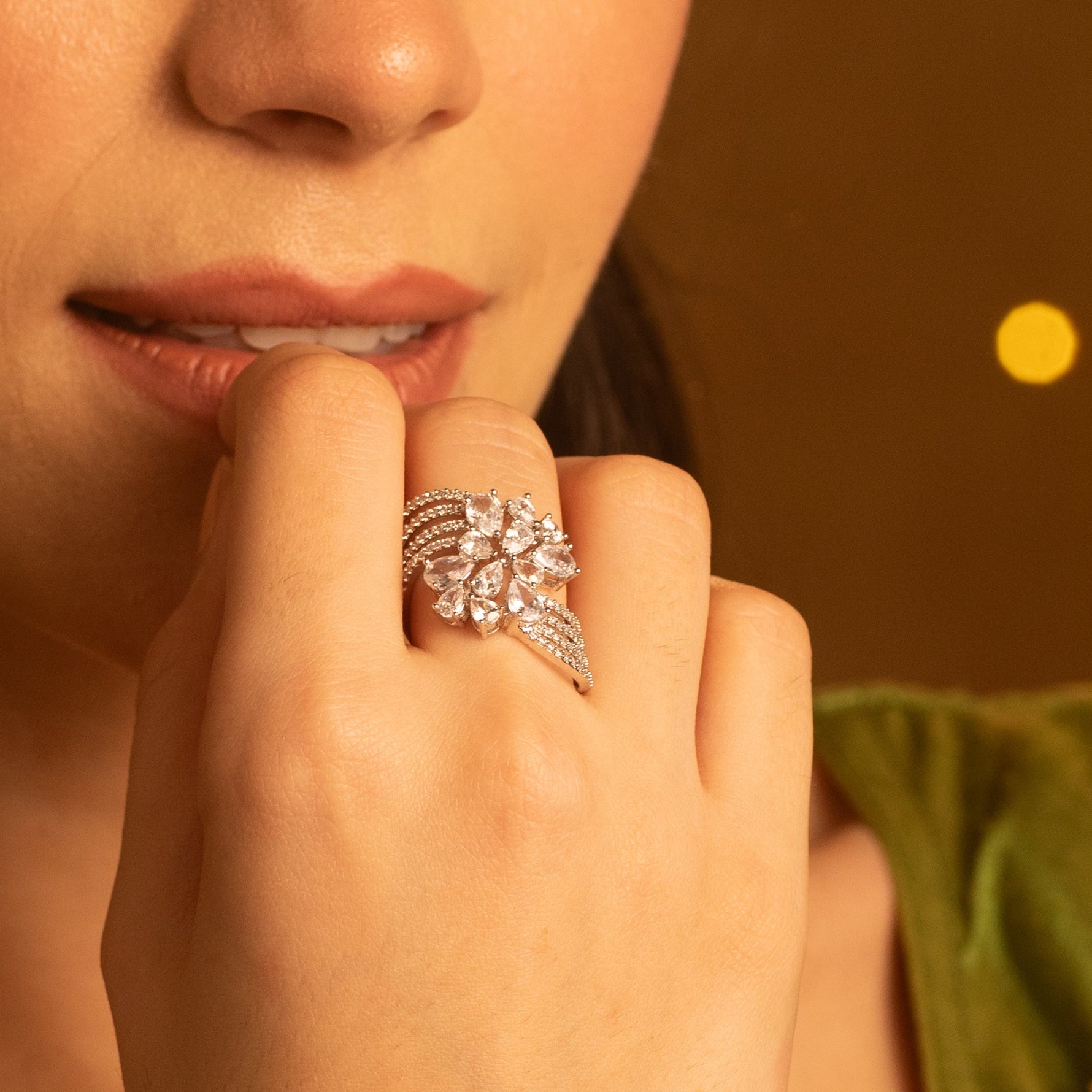 Finger Ring Lira Detailed CZ Cocktail Silver Ring