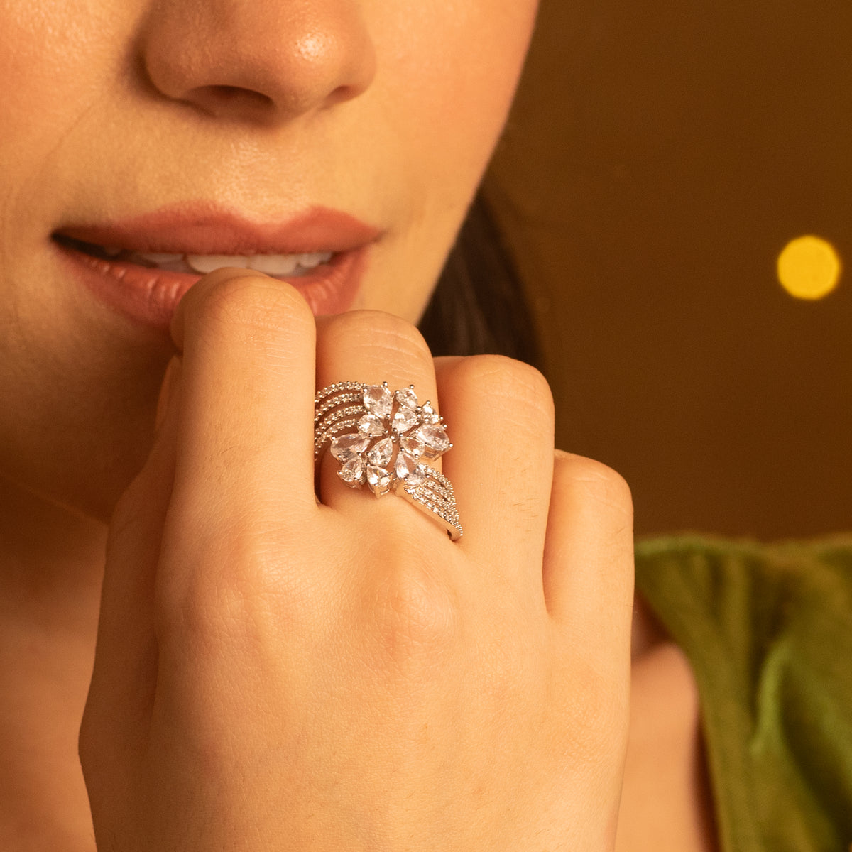 Lira Detailed CZ Cocktail Silver Ring