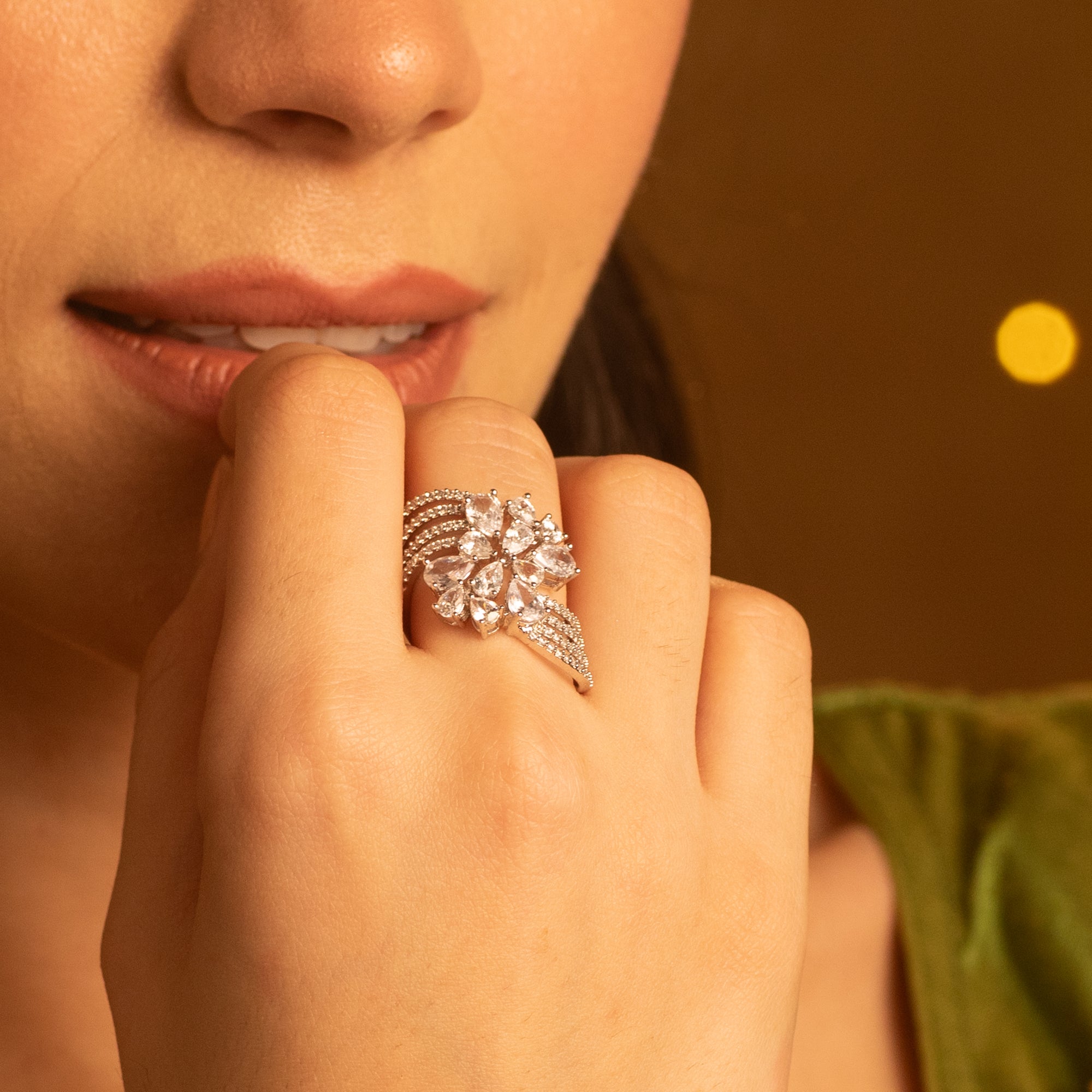 Lira Detailed CZ Cocktail Silver Ring