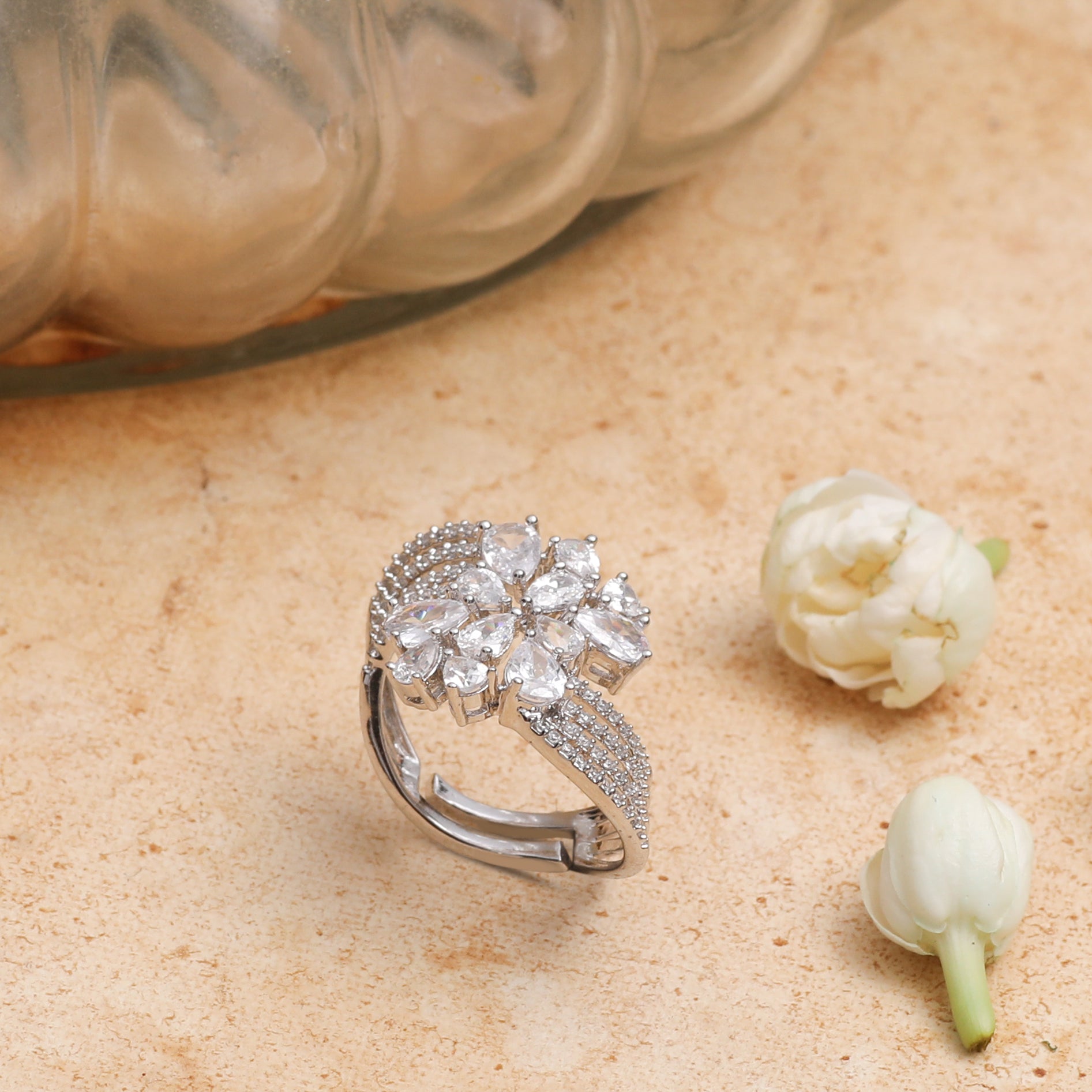 Lira Detailed CZ Cocktail Silver Ring