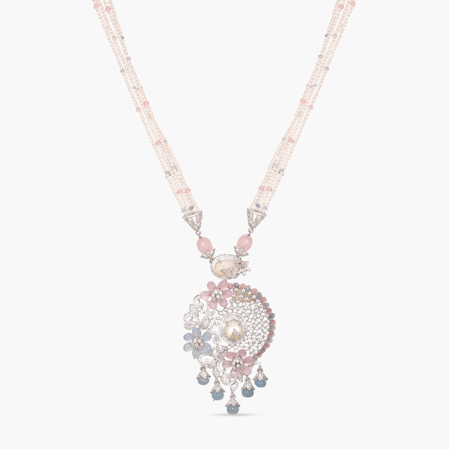 Floral Tassel CZ Silver Necklace