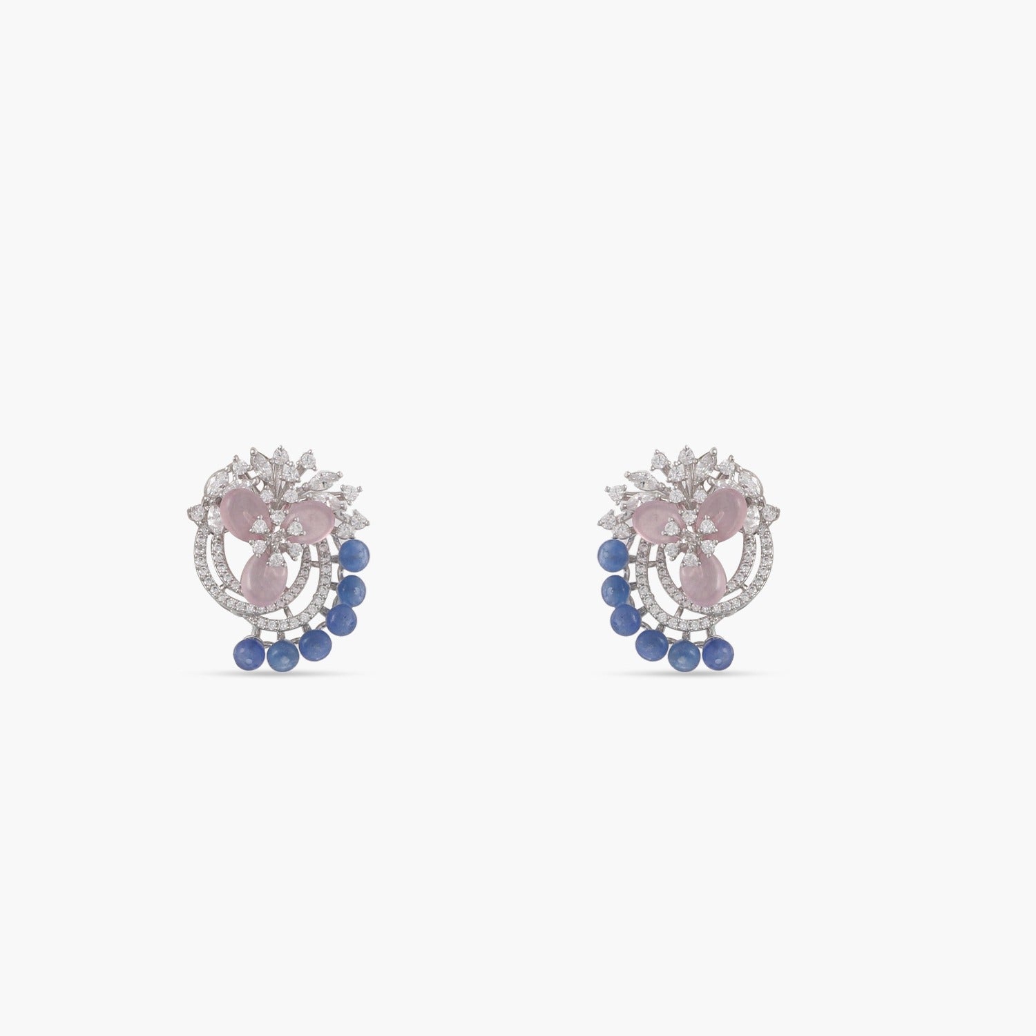 Floral Harmony Beaded CZ Silver Stud Earrings