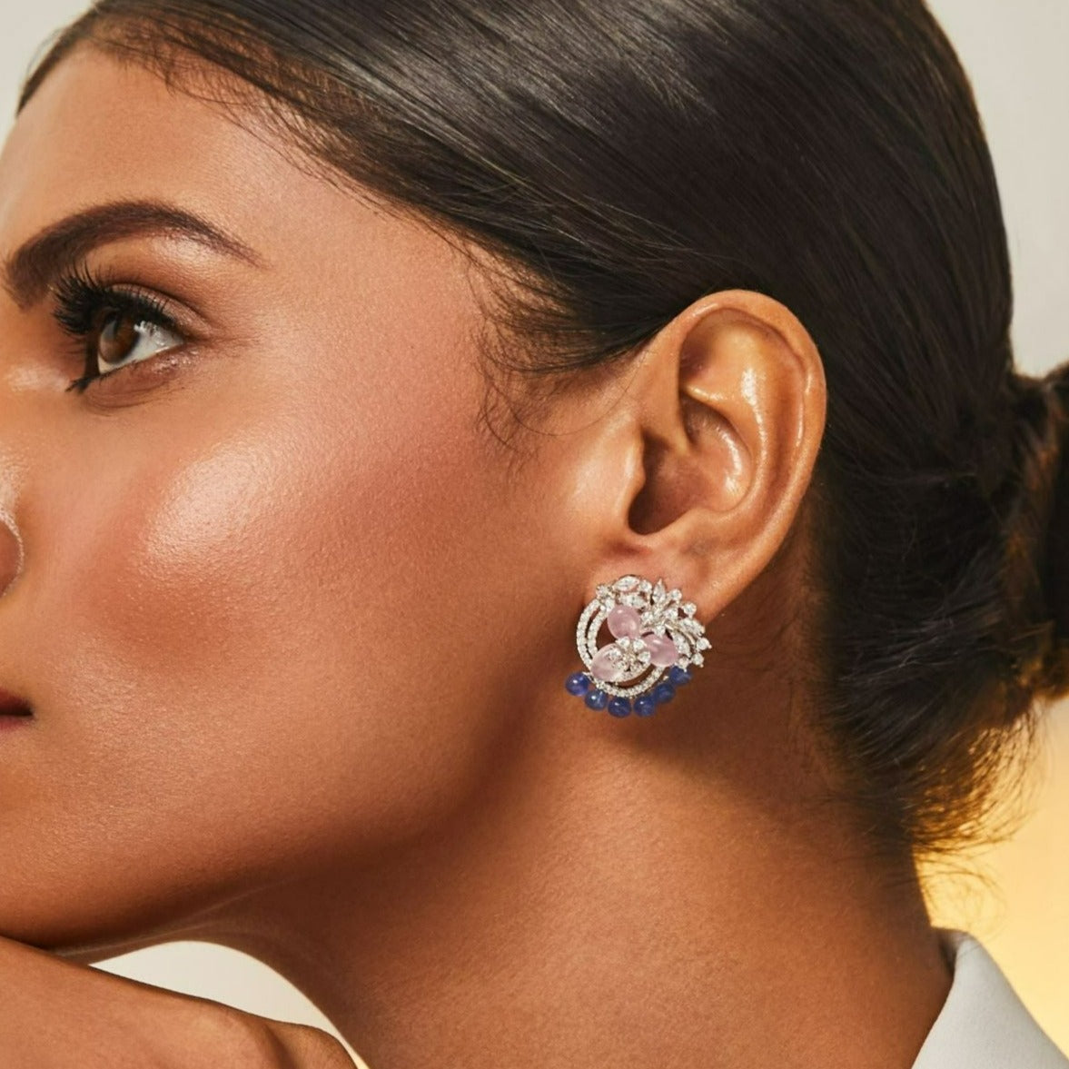 Floral Harmony Beaded CZ Silver Stud Earrings