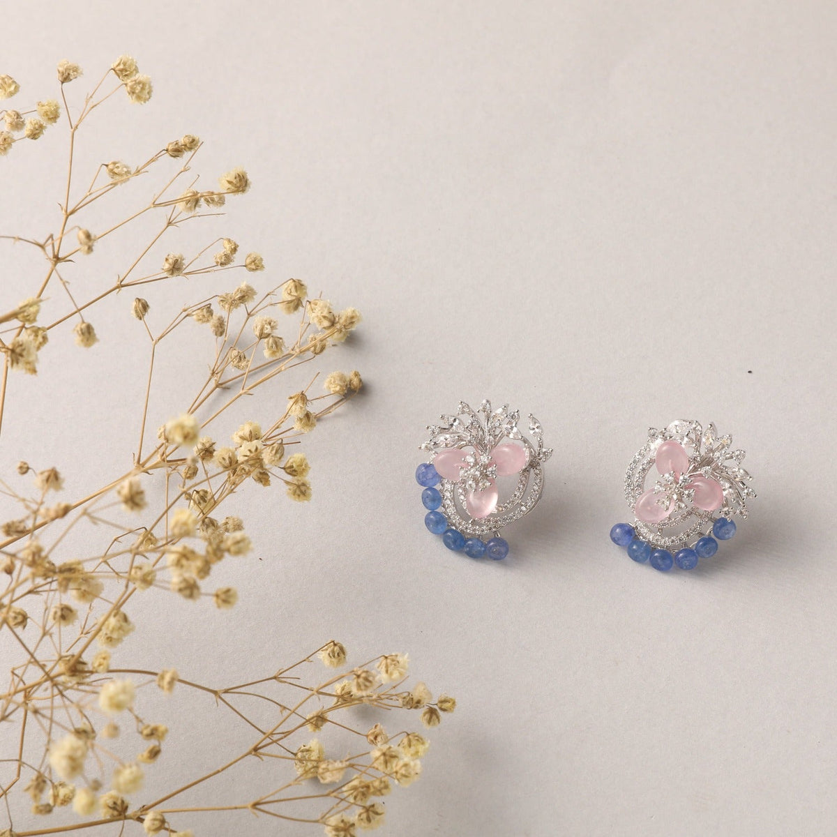 Earrings Floral Harmony Beaded CZ Silver Stud Earrings