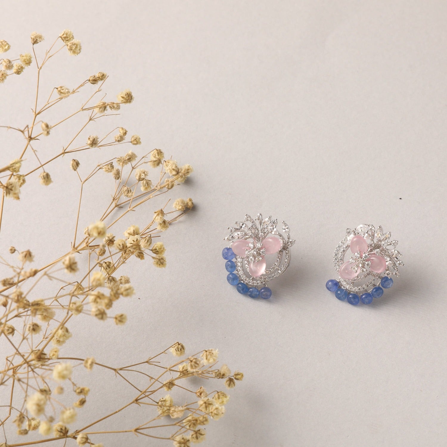 Floral Harmony Beaded CZ Silver Stud Earrings