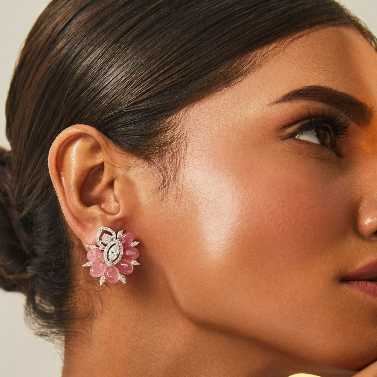 Garden Blooms Pink beads and CZ Stud Earrings