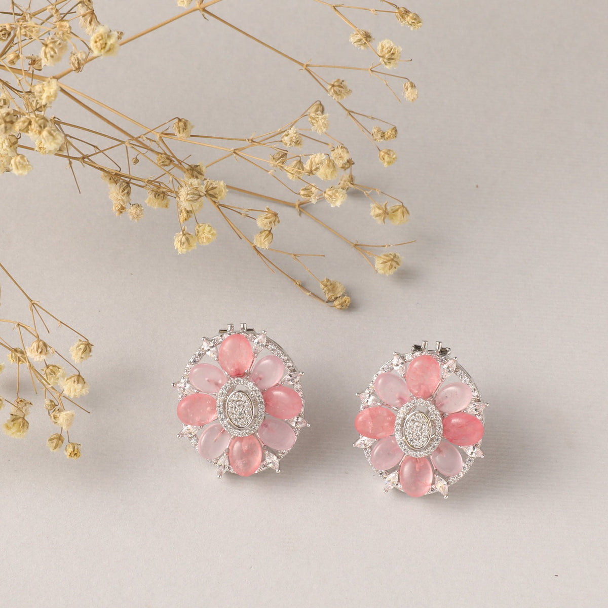 Pink Floral CZ Stud Earrings