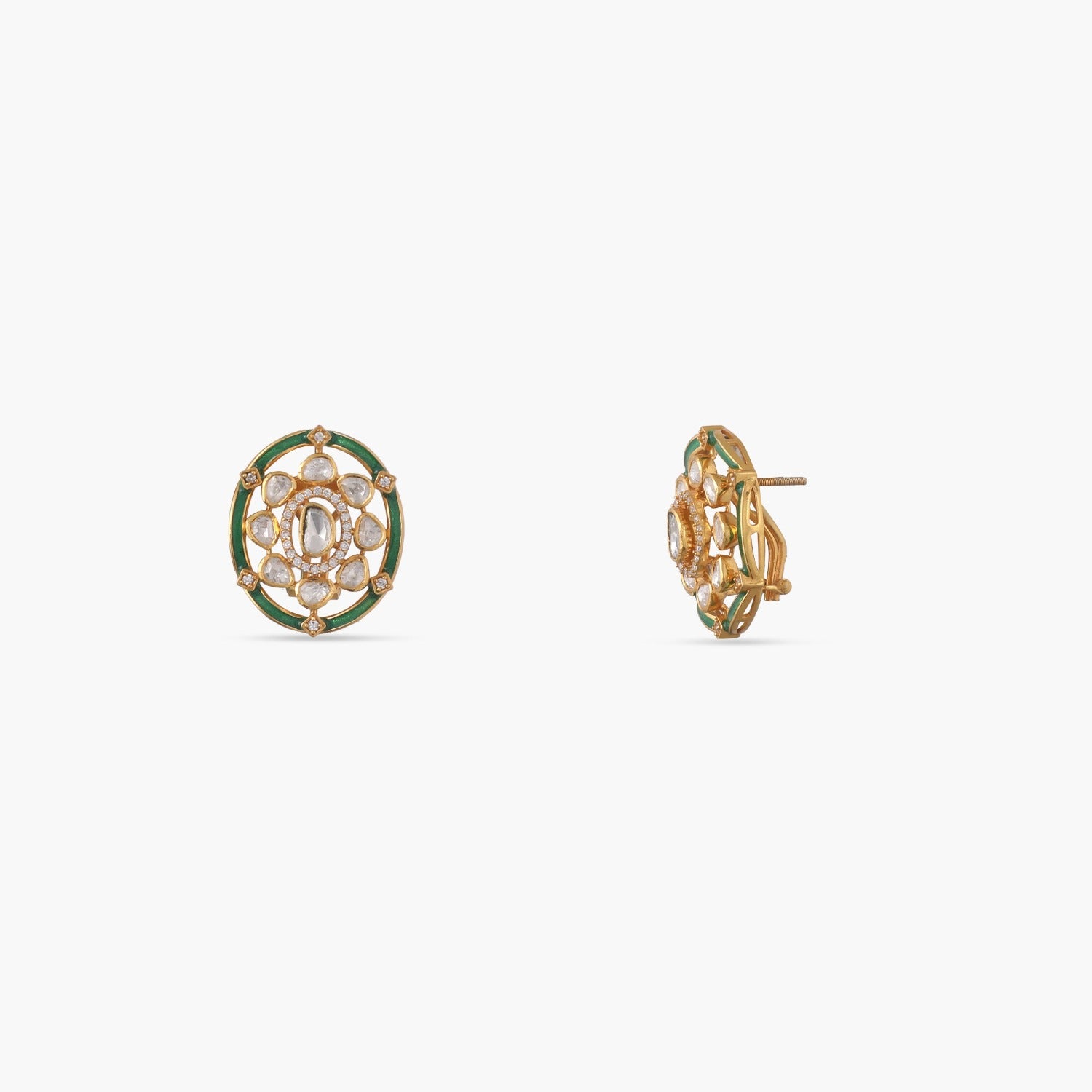 Floral Moissanite Green Enamel Stud Earrings