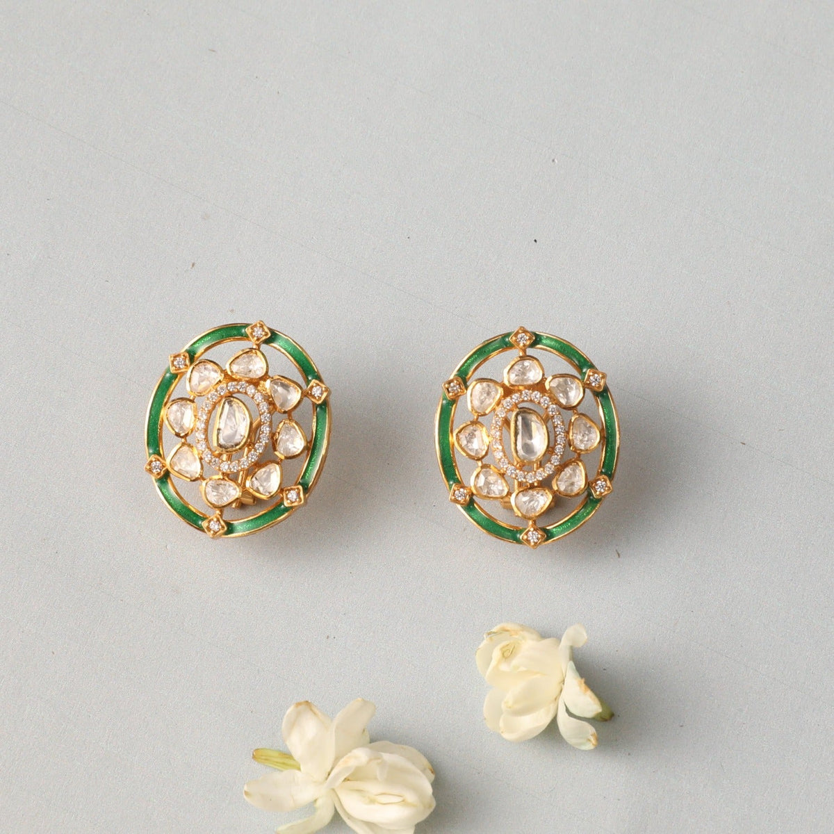 Earrings Floral Moissanite Green Enamel Stud Earrings