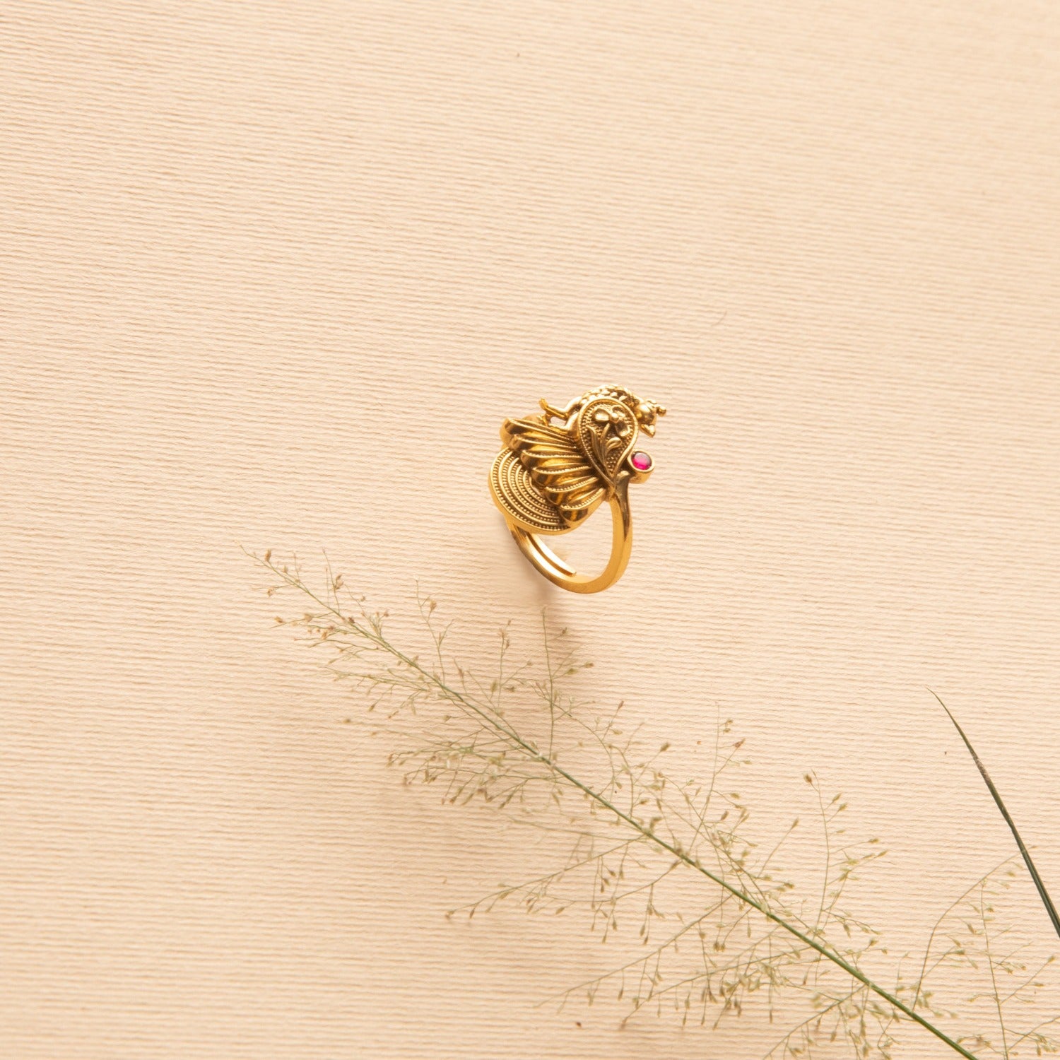 Finger Ring Feathered Charm Antique Gold Finish Silver Finger Ring