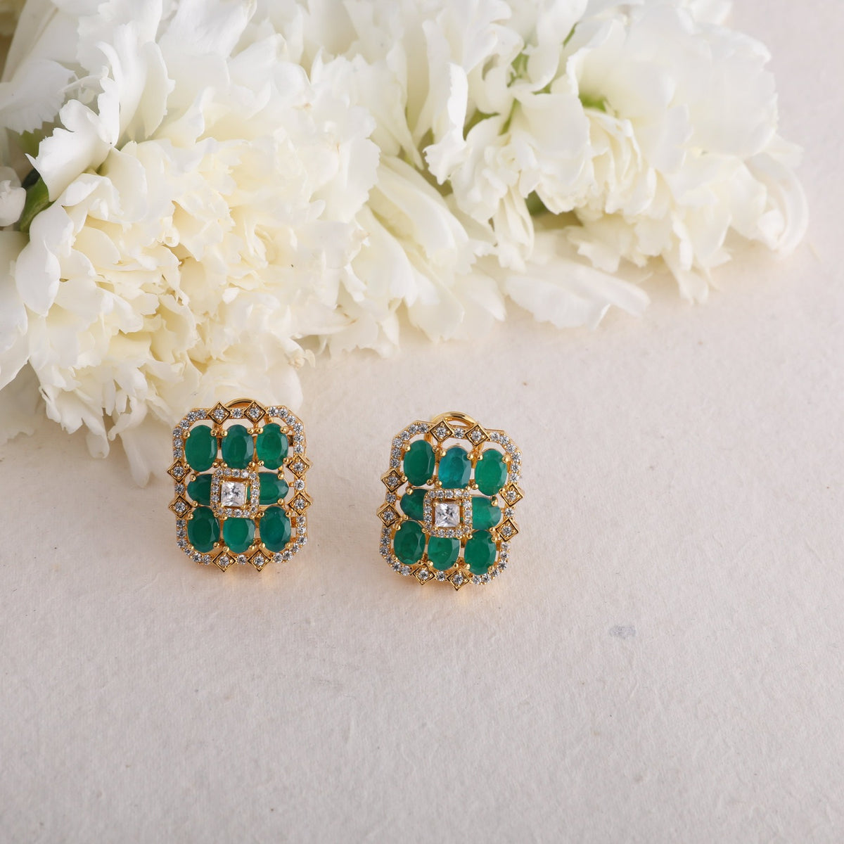 Square Floral CZ Silver Stud Earrings