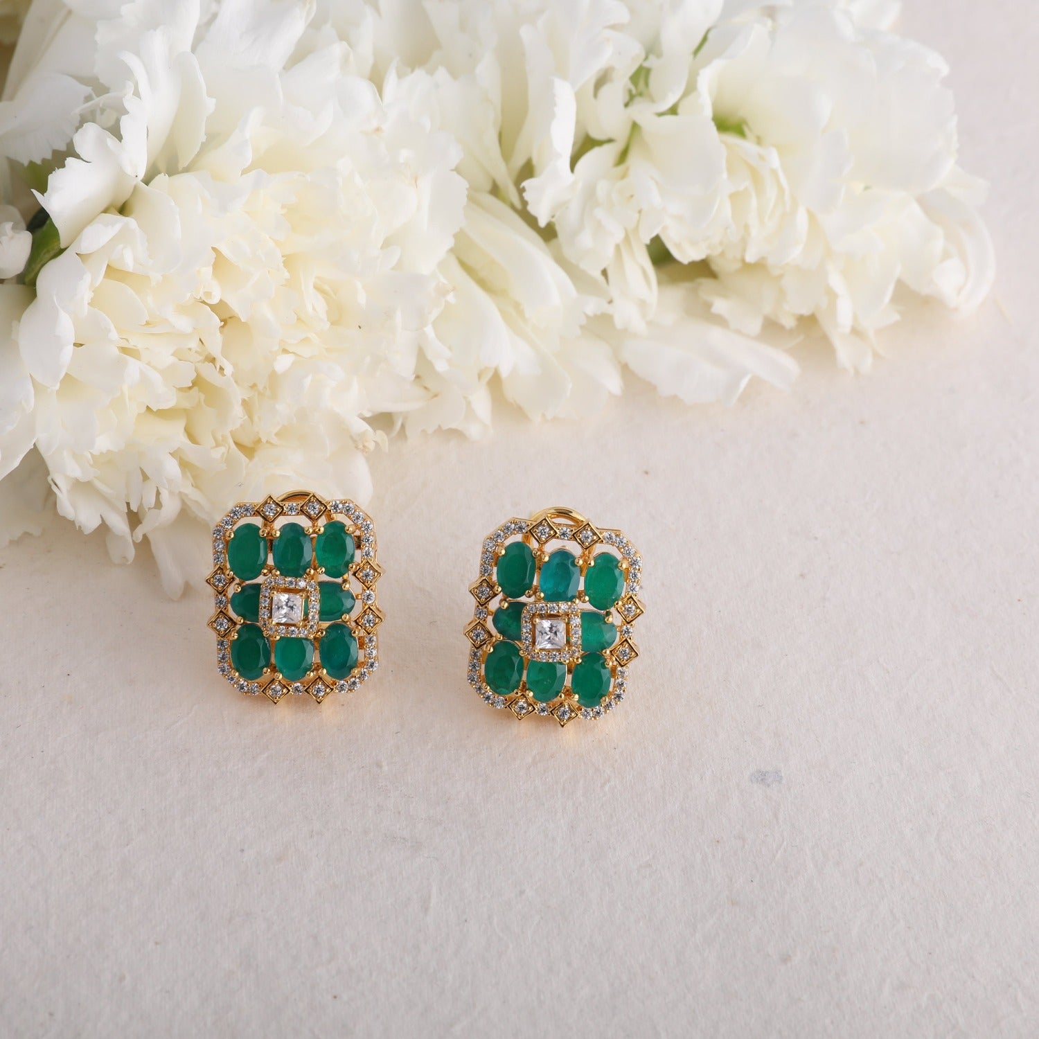 Square Floral CZ Silver Stud Earrings