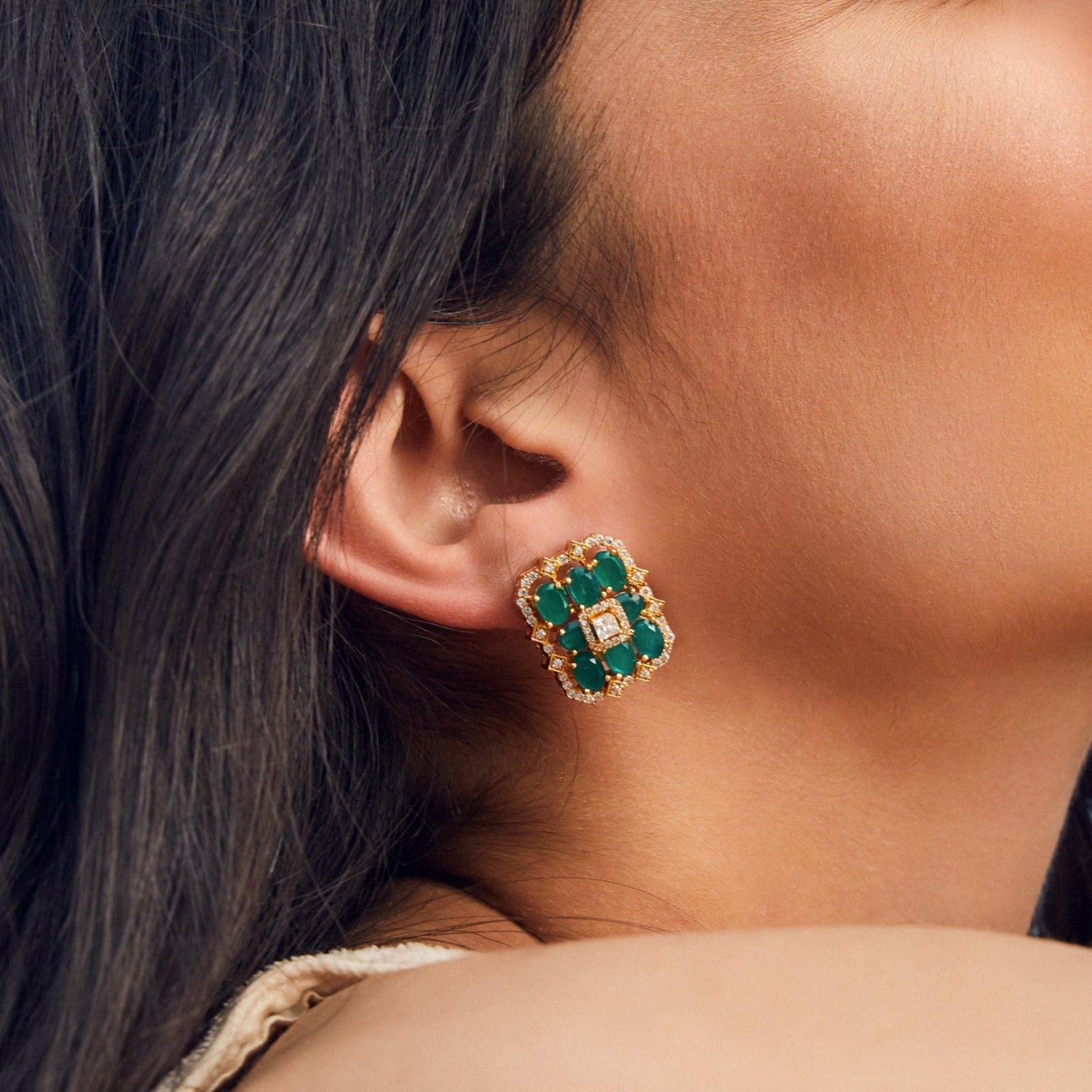 Earrings Square Floral CZ Silver Stud Earrings