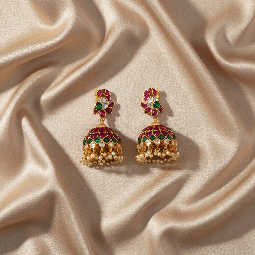 Pekham Kempu Jadau Silver Jhumka Earrings