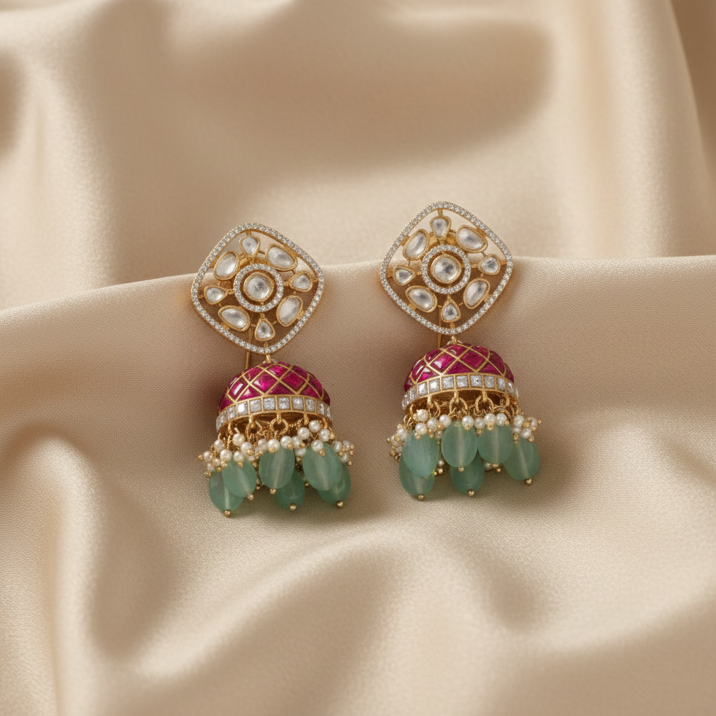 Rasika Moissanite Kempu Elegant Silver Jhumki Earrings