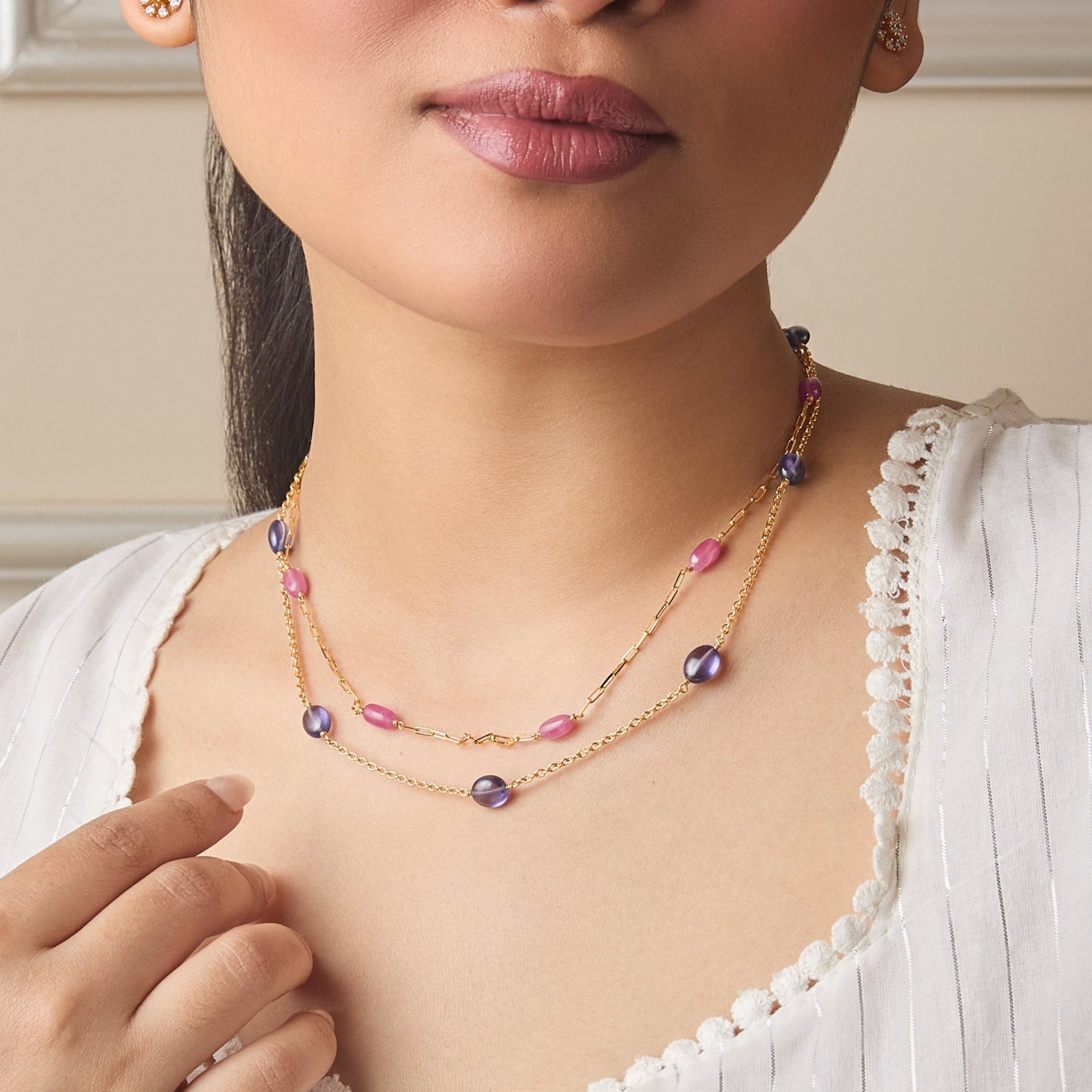Isha Beaded Layered Silver Necklace