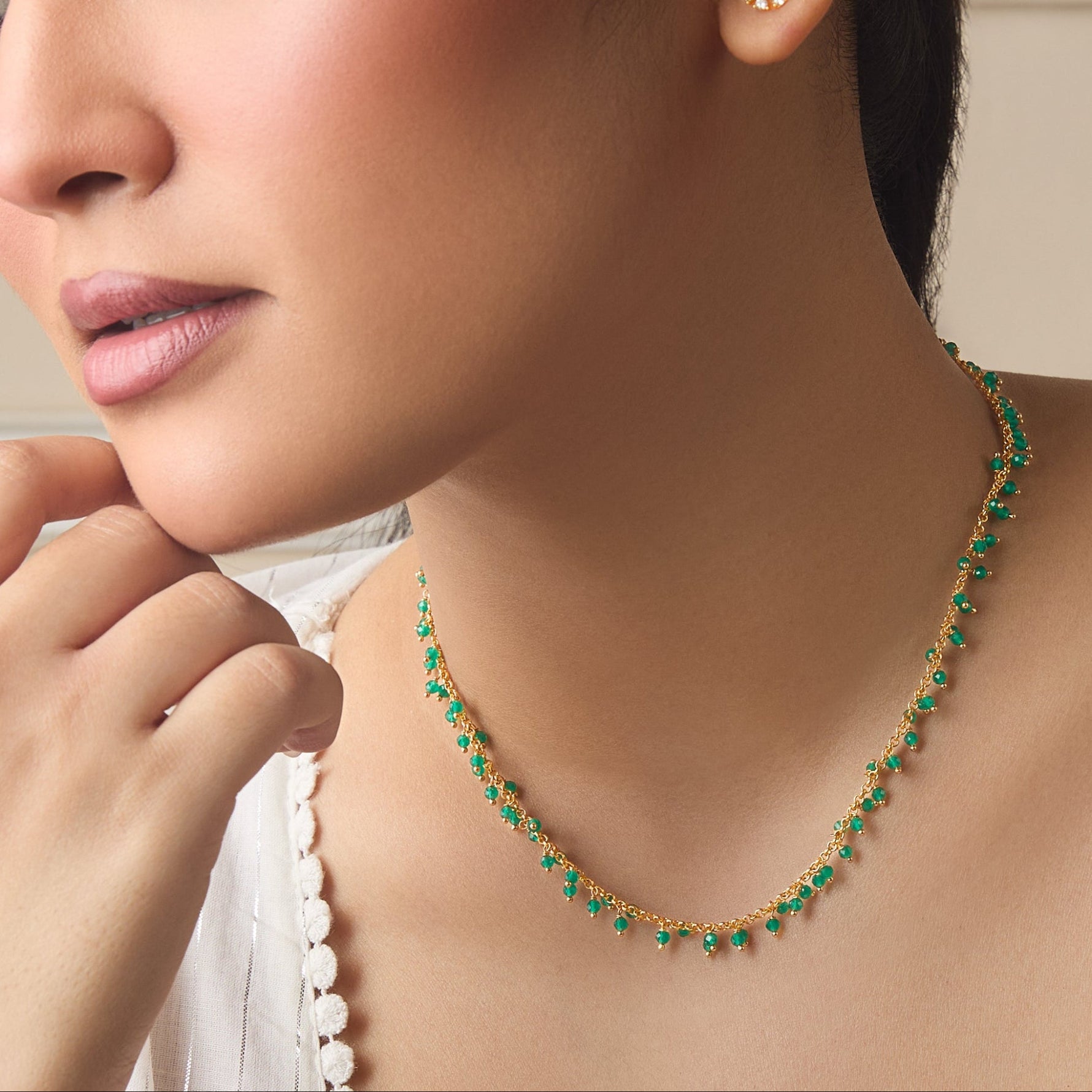 Arfa Green Beads Silver Necklace
