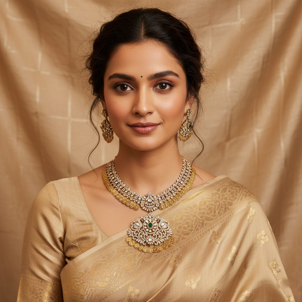 Shreeya Coin CZ Silver Necklace Set