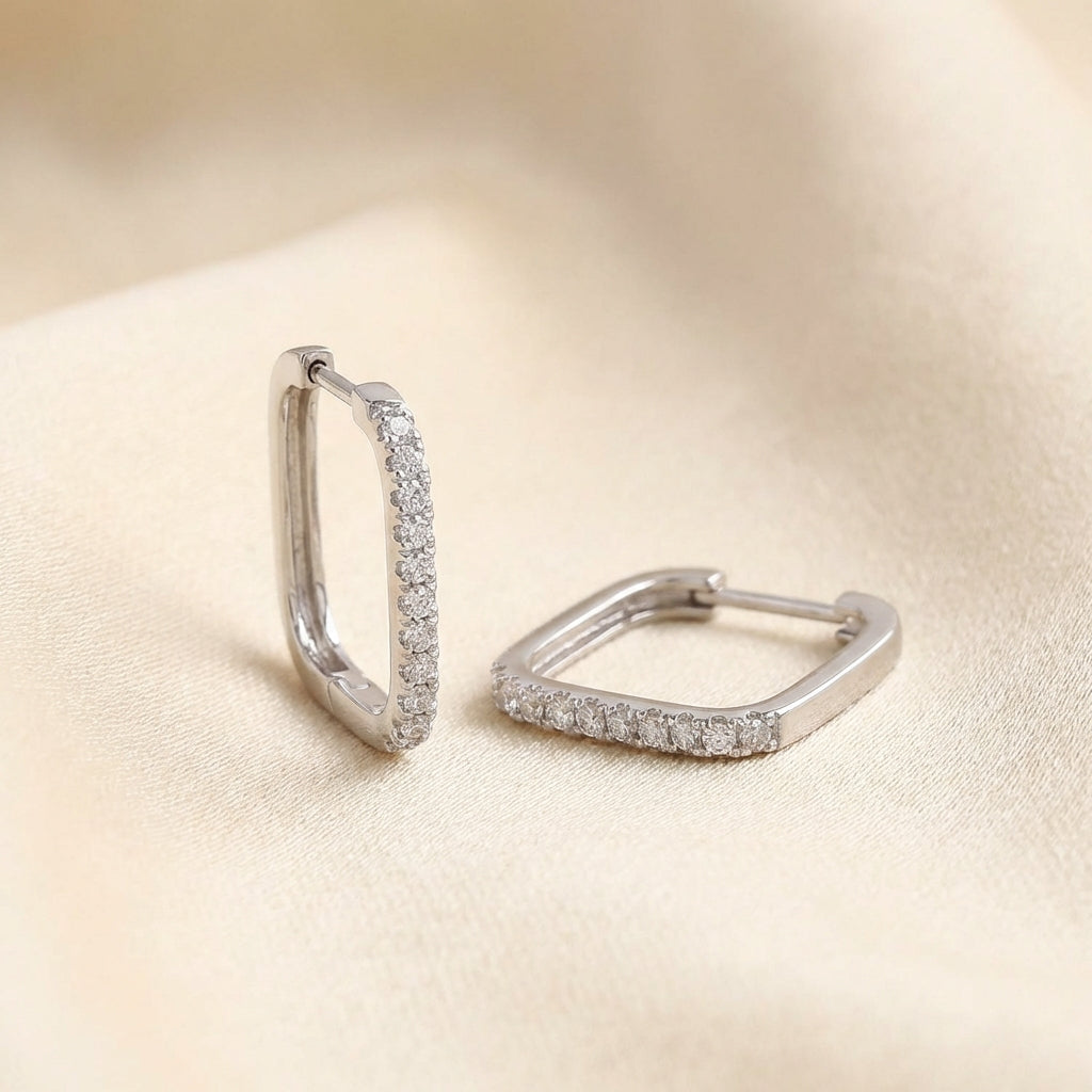 Single Pave Square Hoop Silver Earrings
