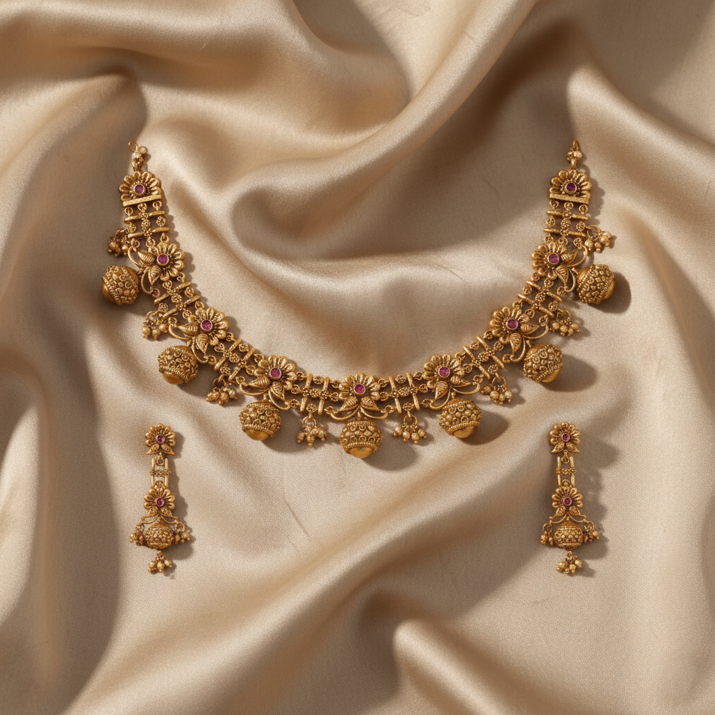 Necklaces Swara Floral Link Silver Necklace Set