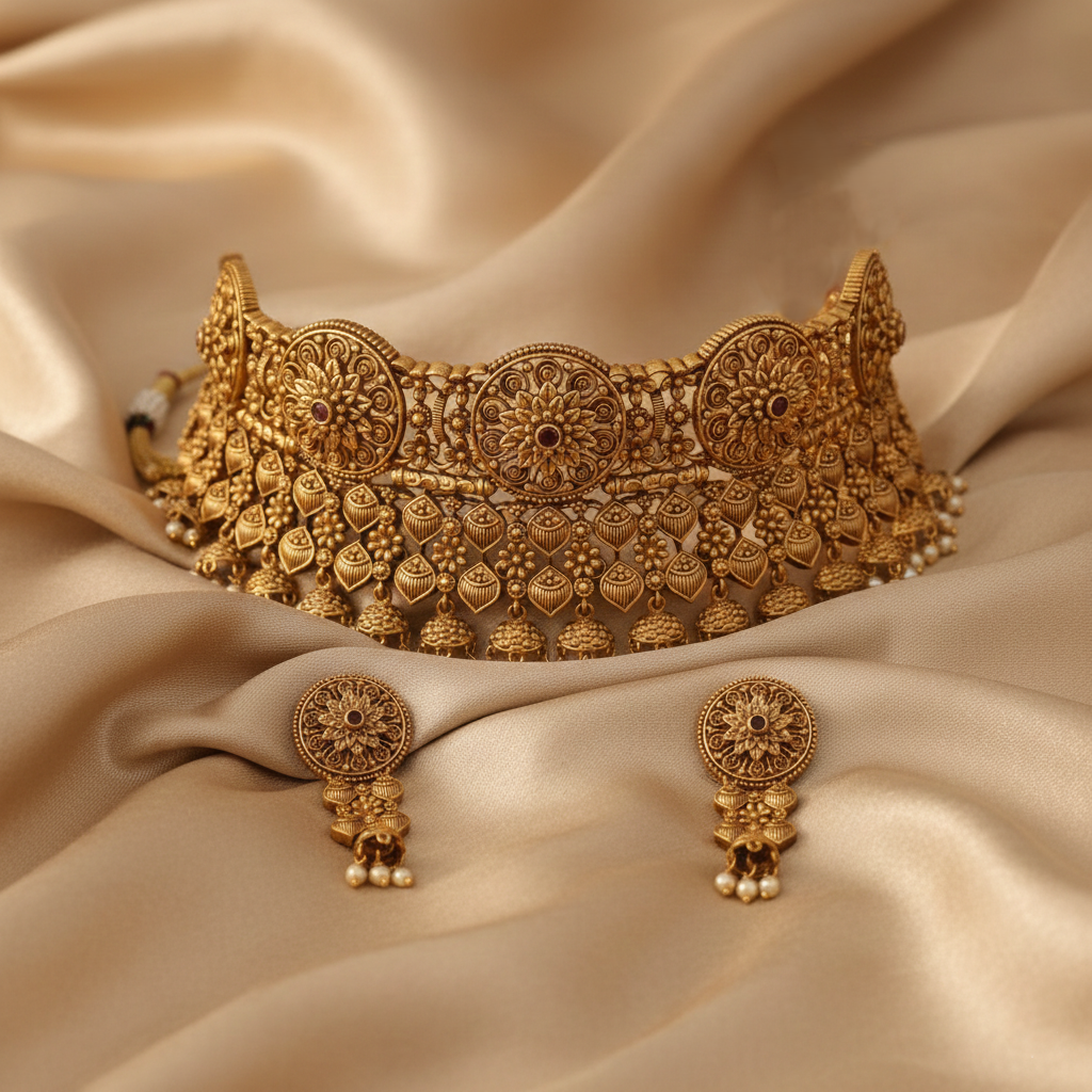 Swara Round Floral Silver Choker Set