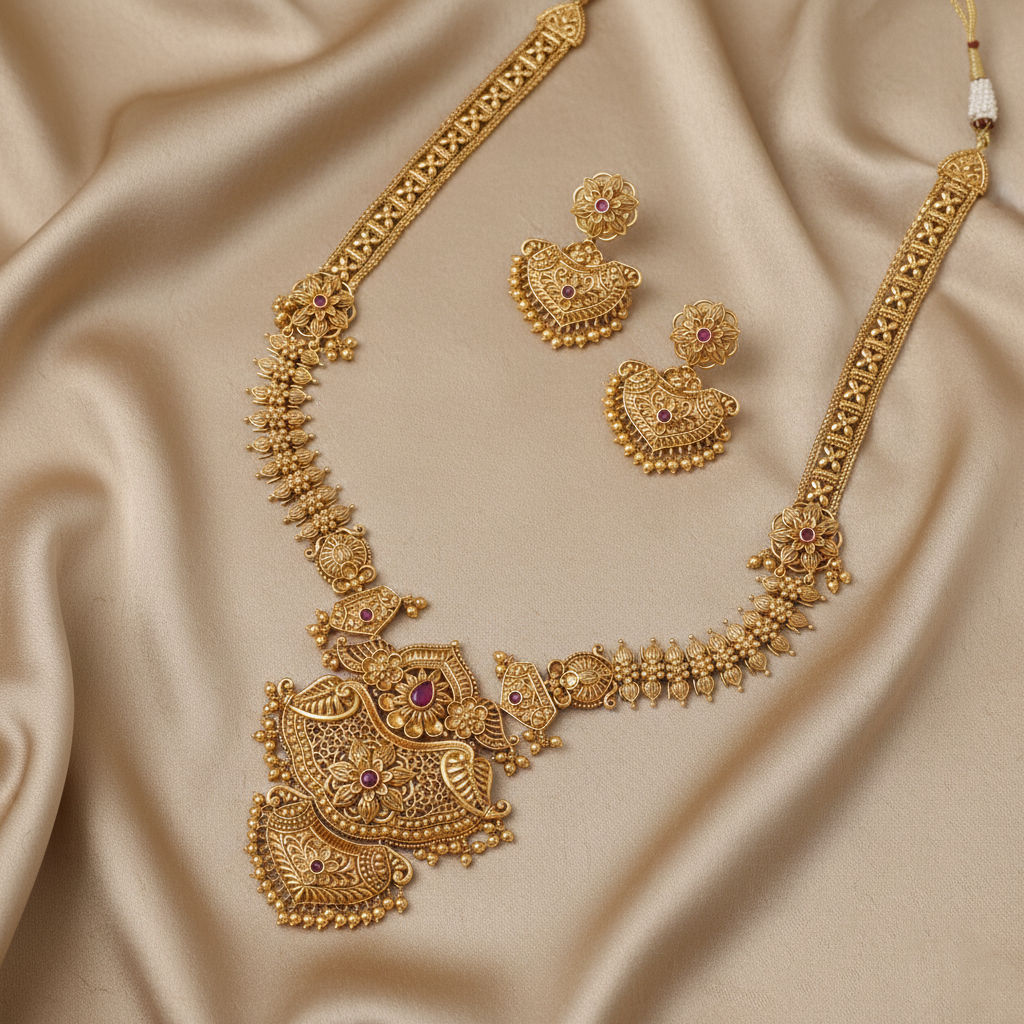 Swara Statement Silver Long Necklace Set