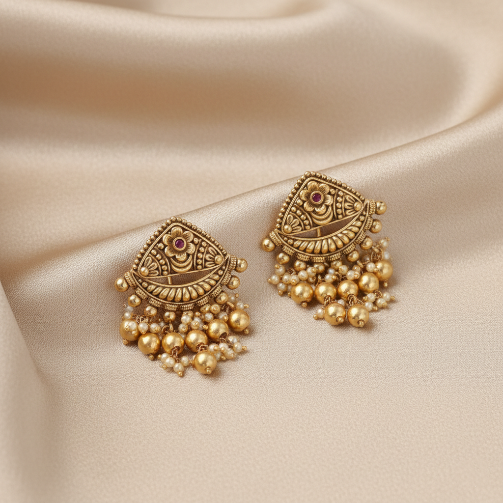 Swara Triangle Floral Silver Drop Earrings