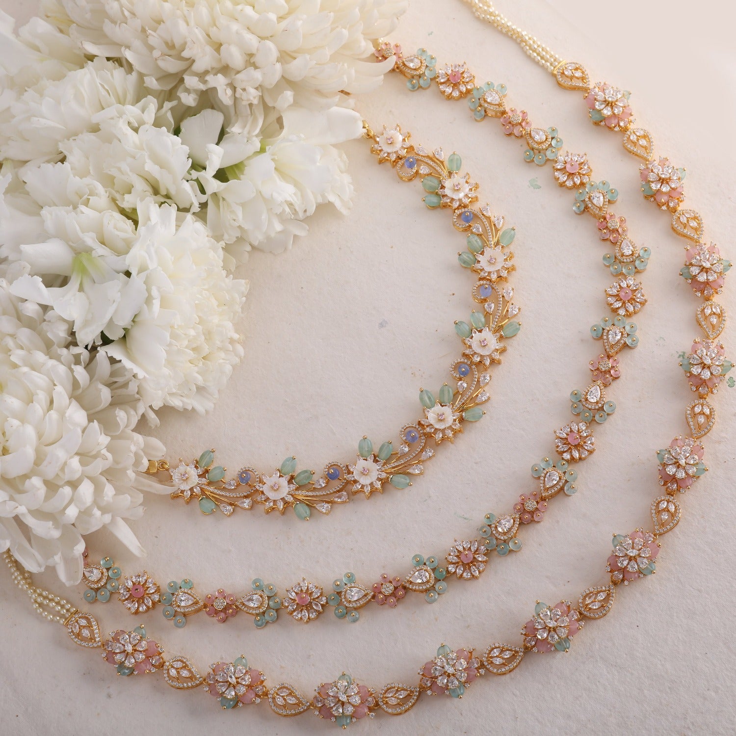 Petal Floral CZ Silver Long Necklace