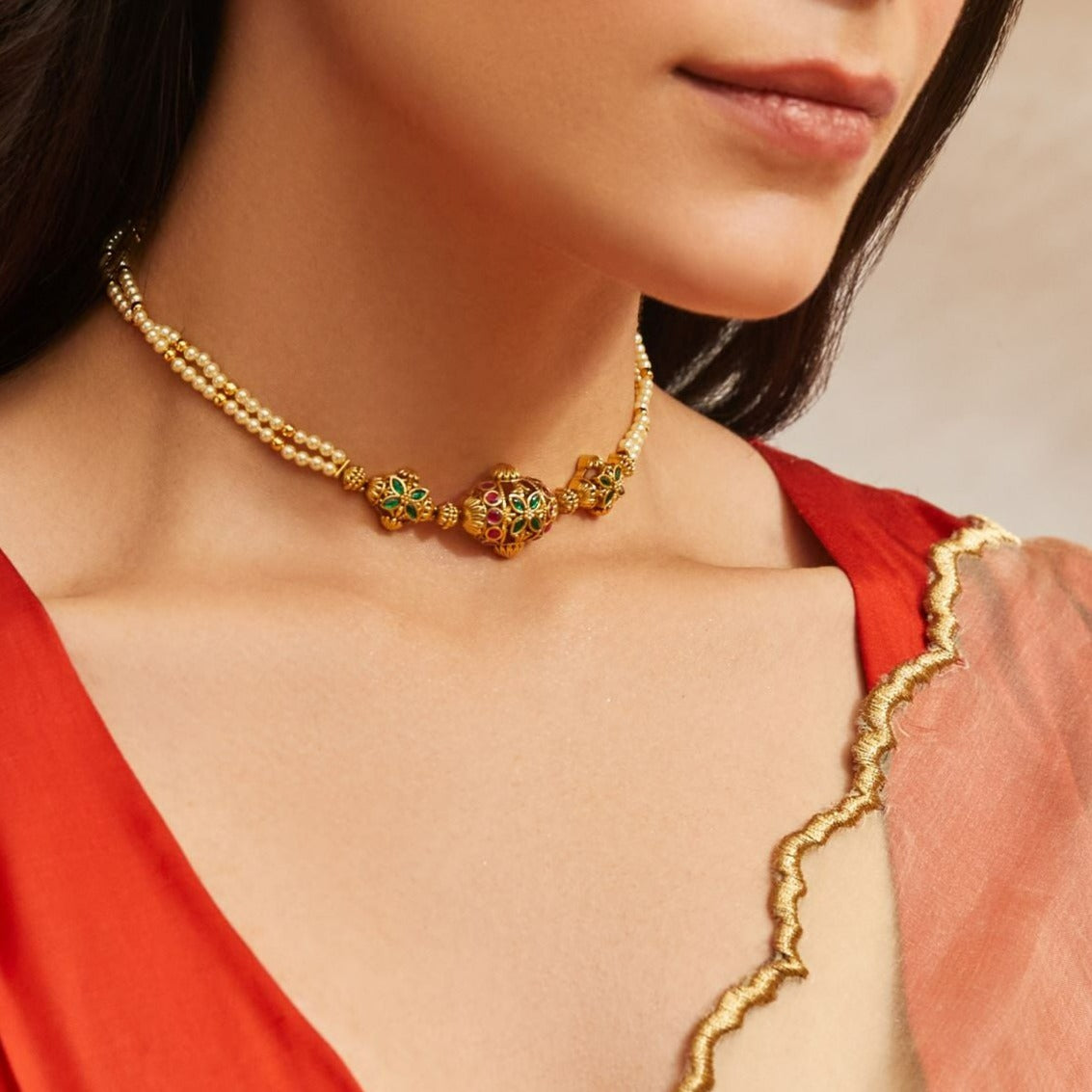 Necklaces Regal Jadau and Pearl Silver Choker