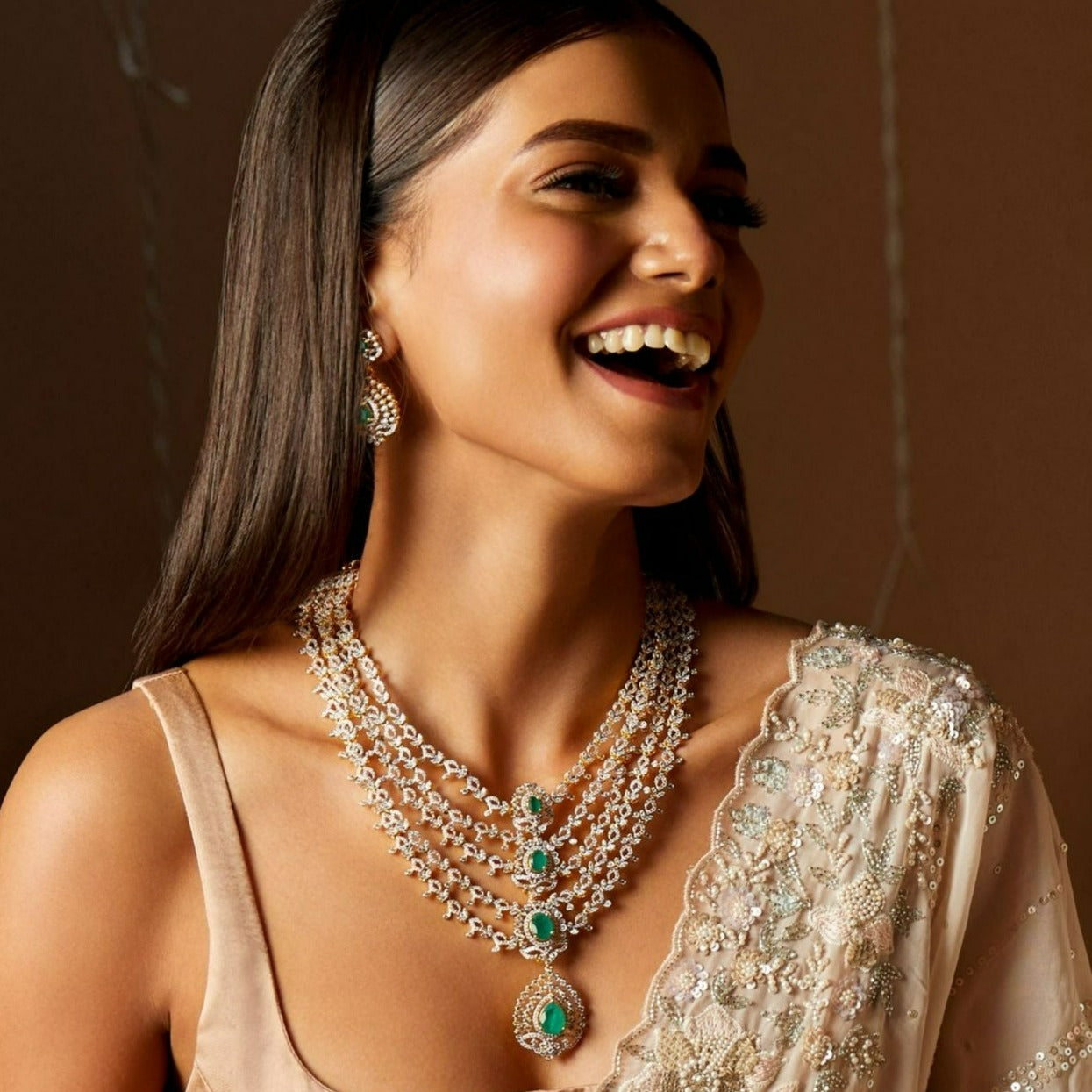 Necklaces Cascading Green Stone Silver CZ Necklace Set