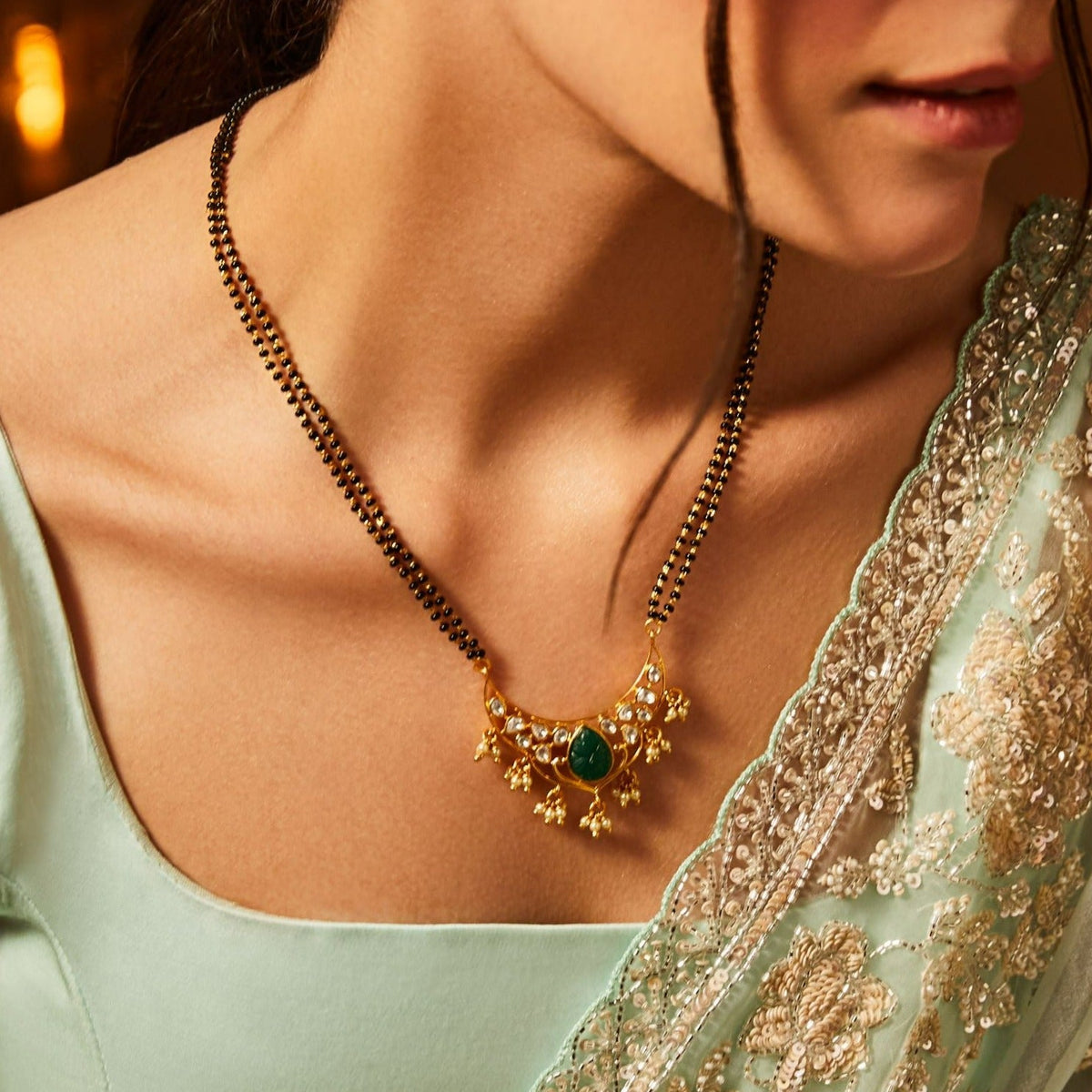 Necklaces Carved Green Moissanite Silver Mangalsutra Necklace
