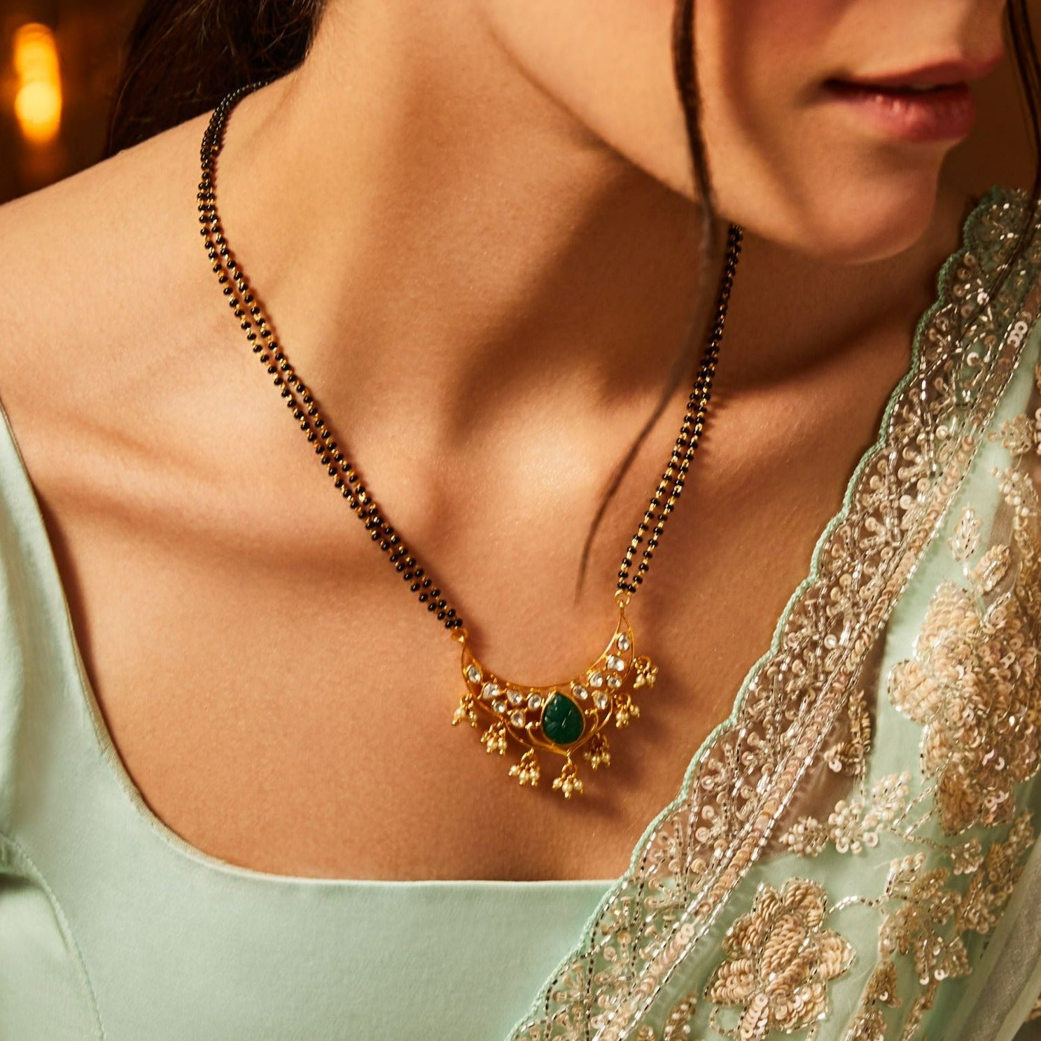 Necklaces Carved Green Moissanite Silver Mangalsutra Necklace